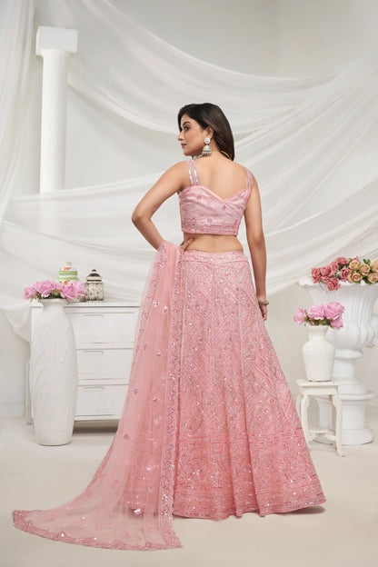 Peach Net Lehenga Set with Sequin &amp; Cut Dana Embellishments