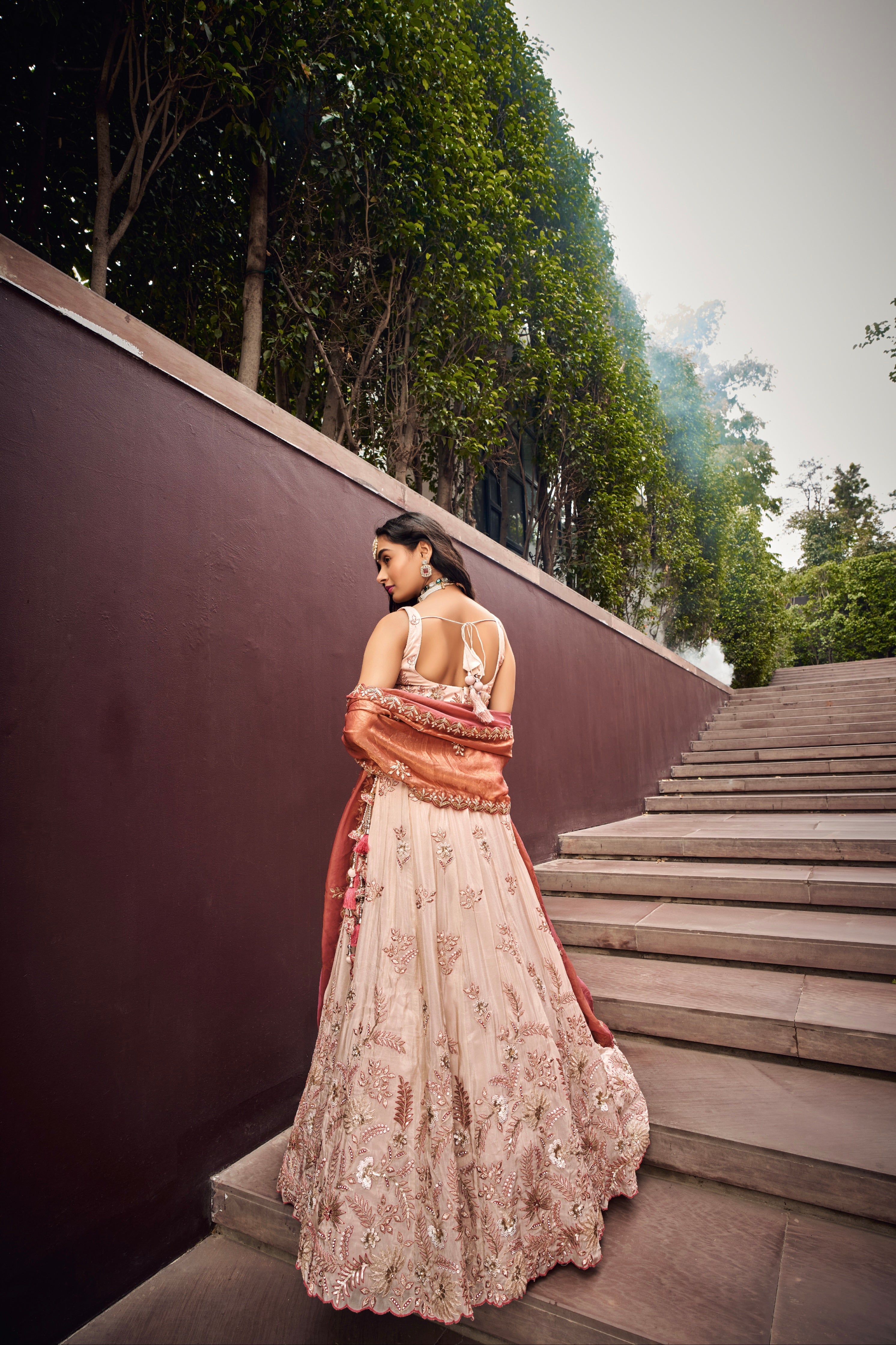 Cream &amp; Rose Gold Embroidered Bridal Lehenga with Viscose Dupatta
