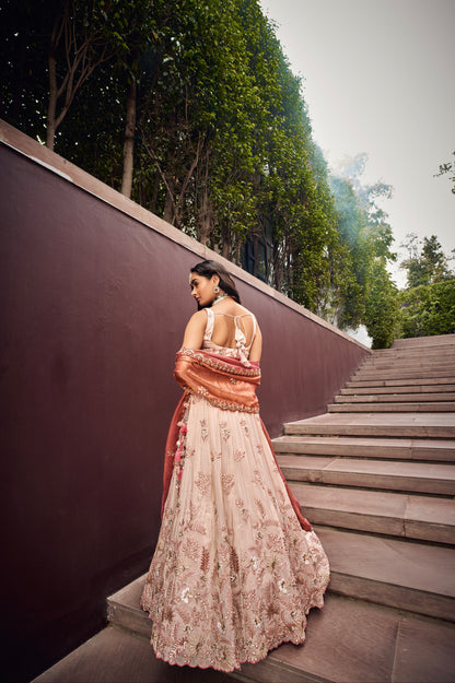Cream &amp; Rose Gold Embroidered Bridal Lehenga with Viscose Dupatta