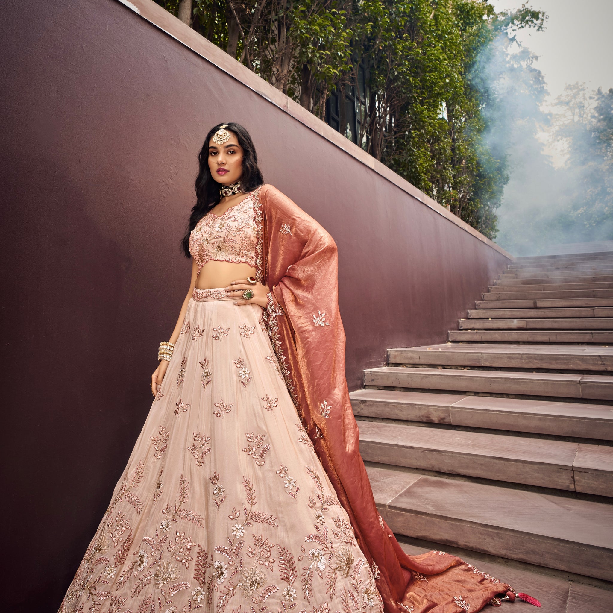 Cream & Rose Gold Embroidered Bridal Lehenga with Viscose Dupatta