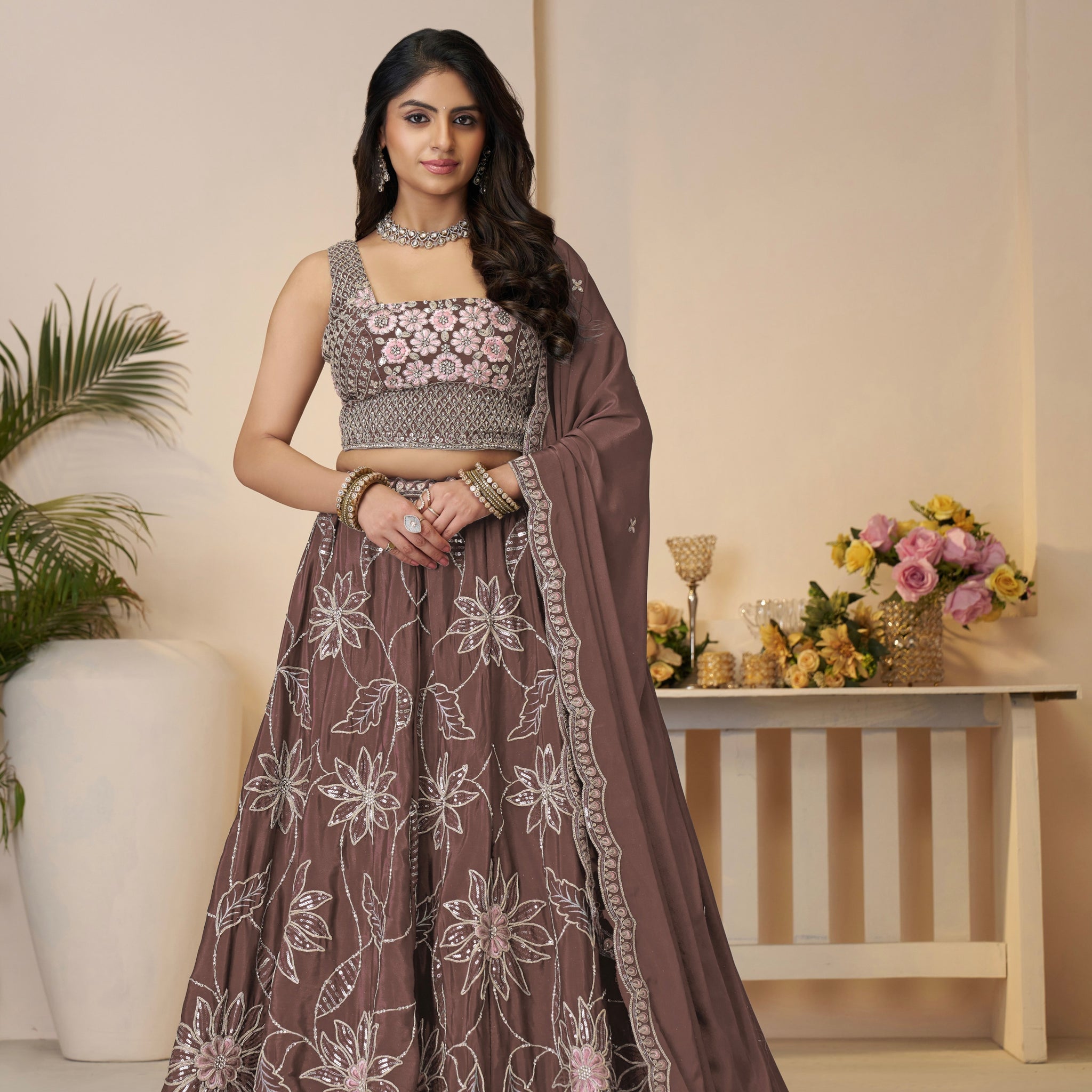 Onion Color Satin Silk Lehenga with Dupatta

