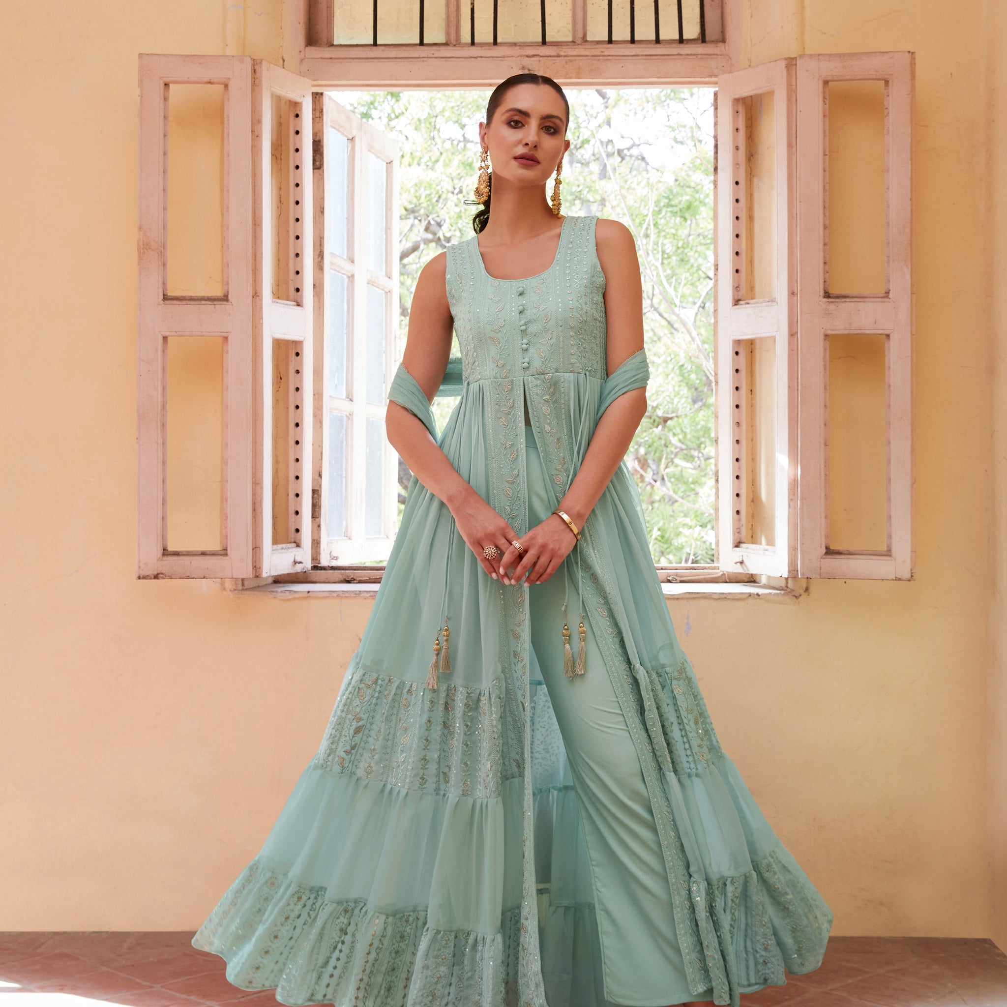 Firozi Anarkali In Georgette With Sequins, Thread And Zari Embroidery
