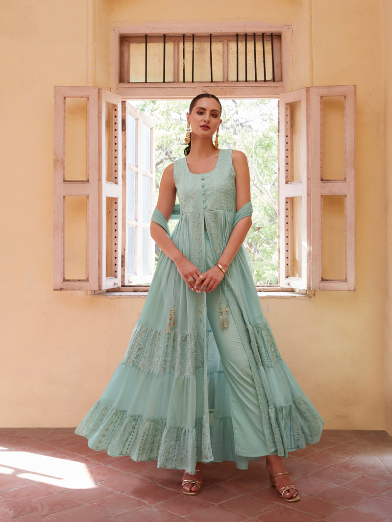 Firozi Anarkali In Georgette With Sequins, Thread And Zari Embroidery