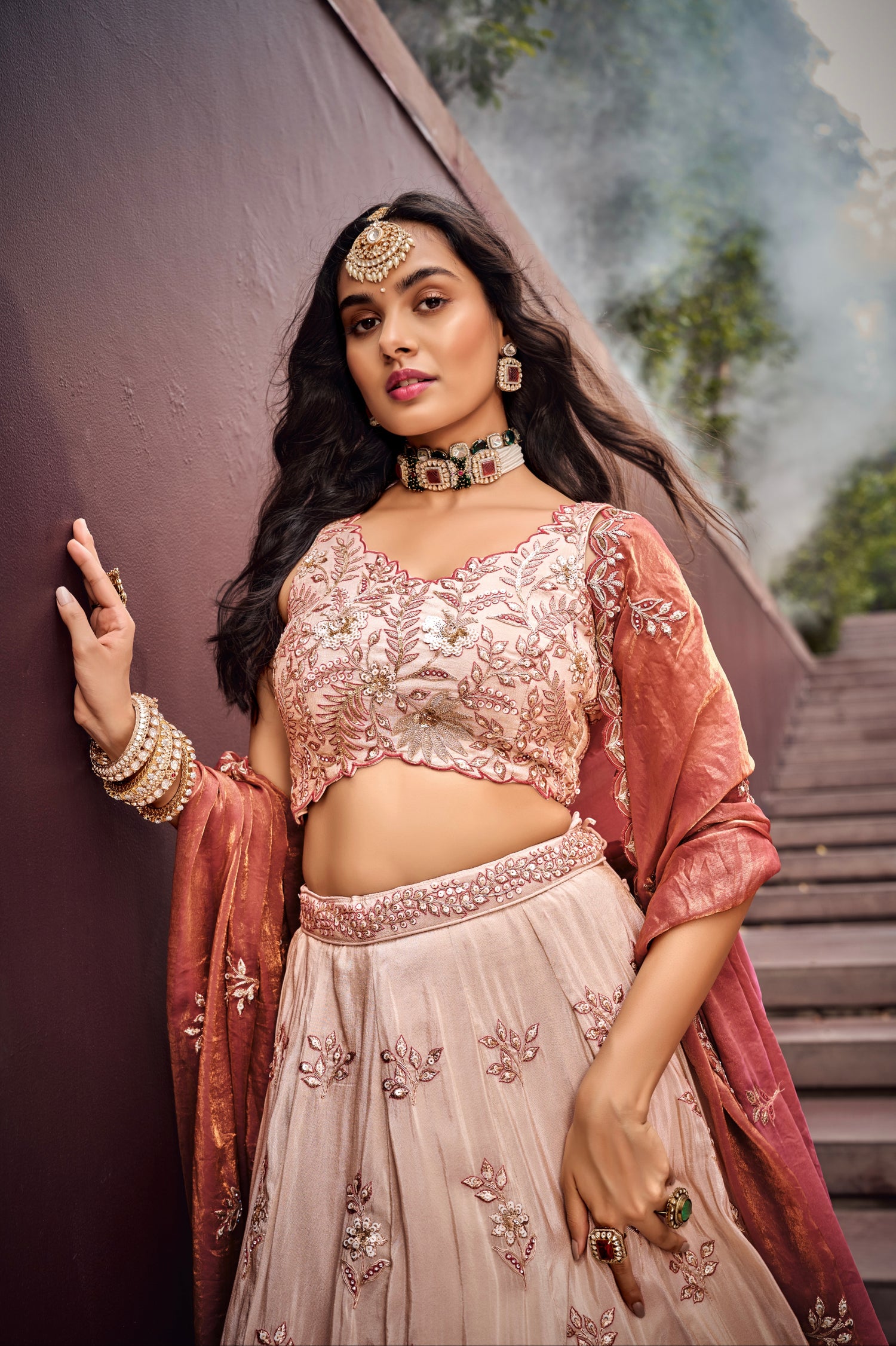Cream &amp; Rose Gold Embroidered Bridal Lehenga with Viscose Dupatta