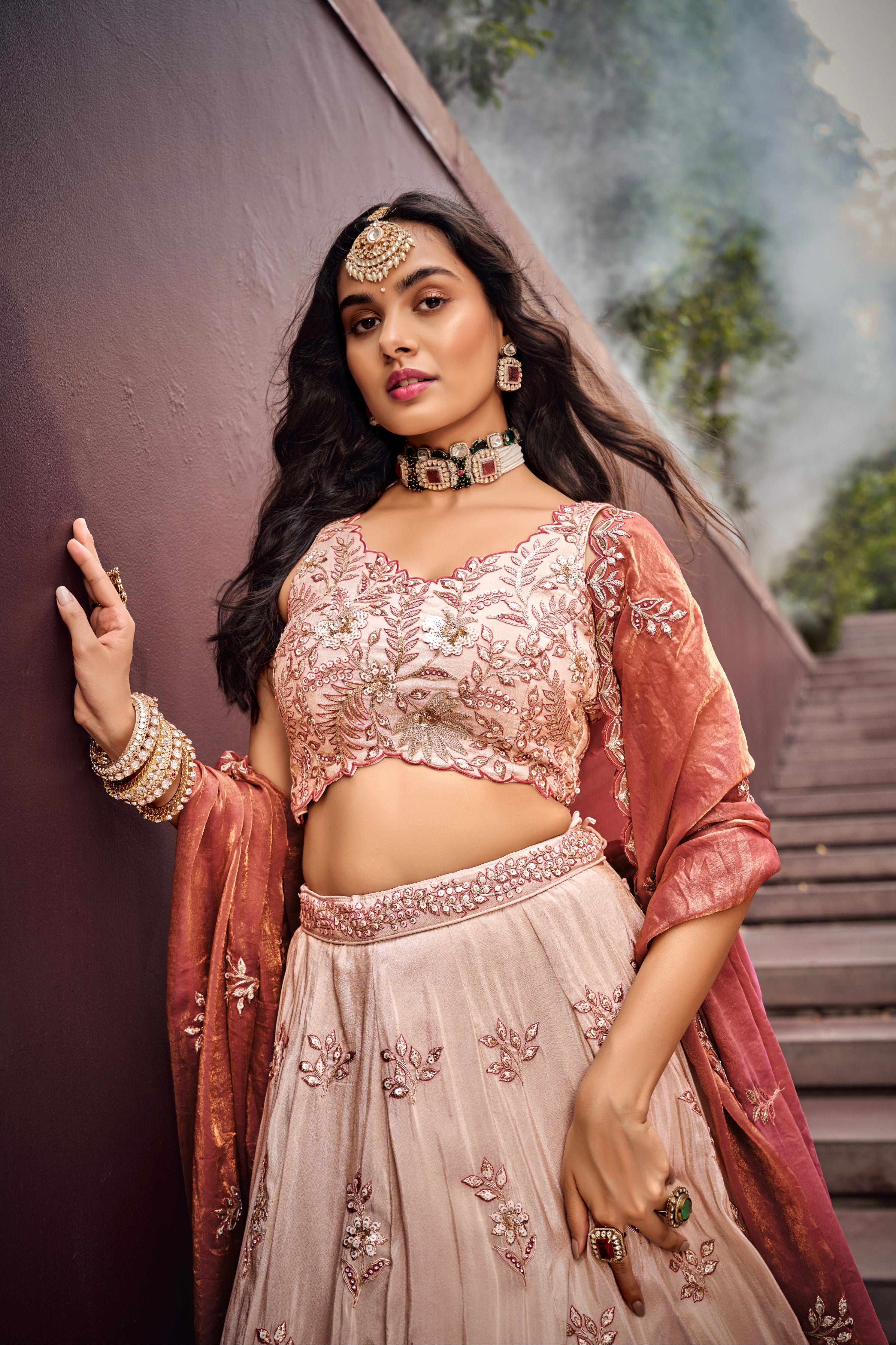 Cream &amp; Rose Gold Embroidered Bridal Lehenga with Viscose Dupatta