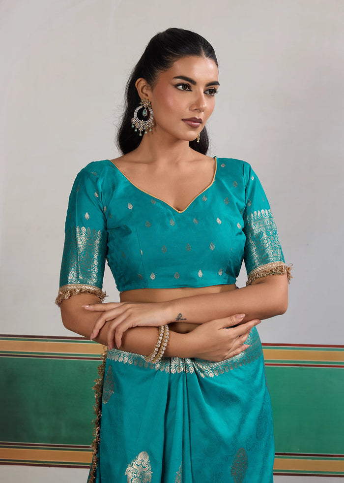 Cyan Bue Woven Banarasi Satin Silk Saree Japan Satin Saree Anant Tex Exports Pvt.Ltd..