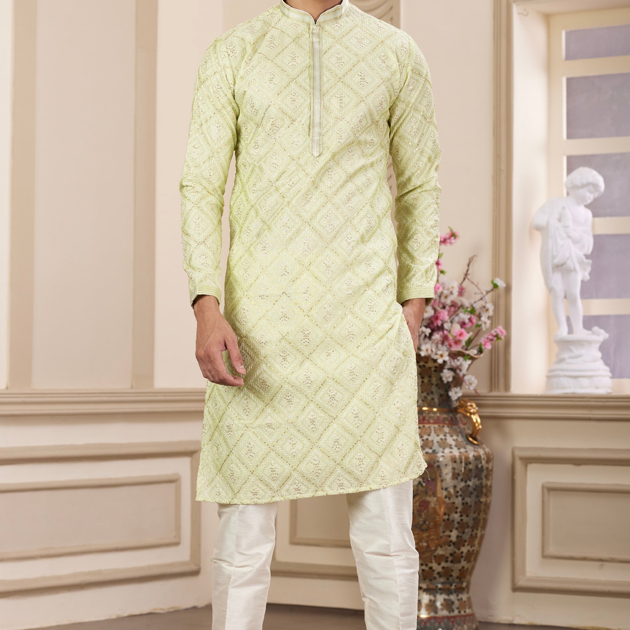 Light pista green kurta set for haldi

