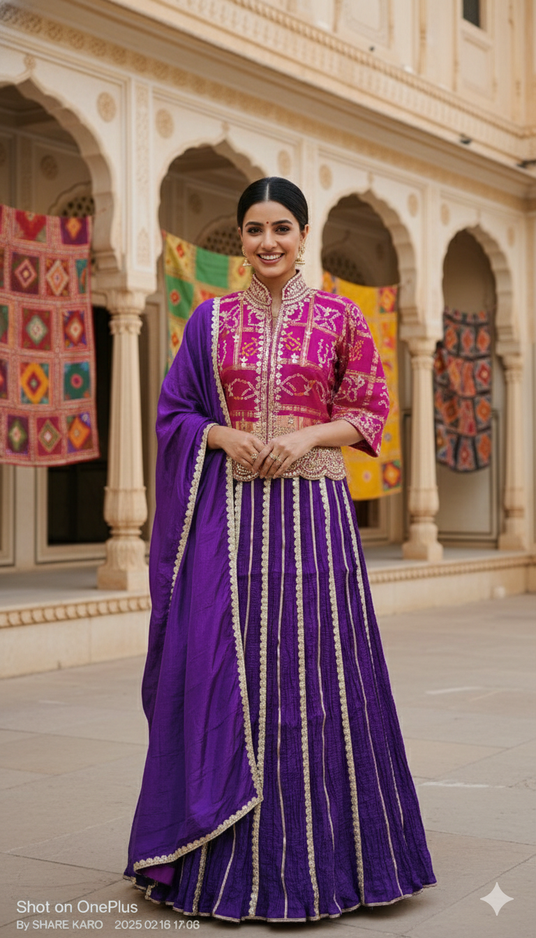 Pink &amp; Purple Pure Upada Crush Gajji Silk Gharchola Rajsthani Lehenga Choli 