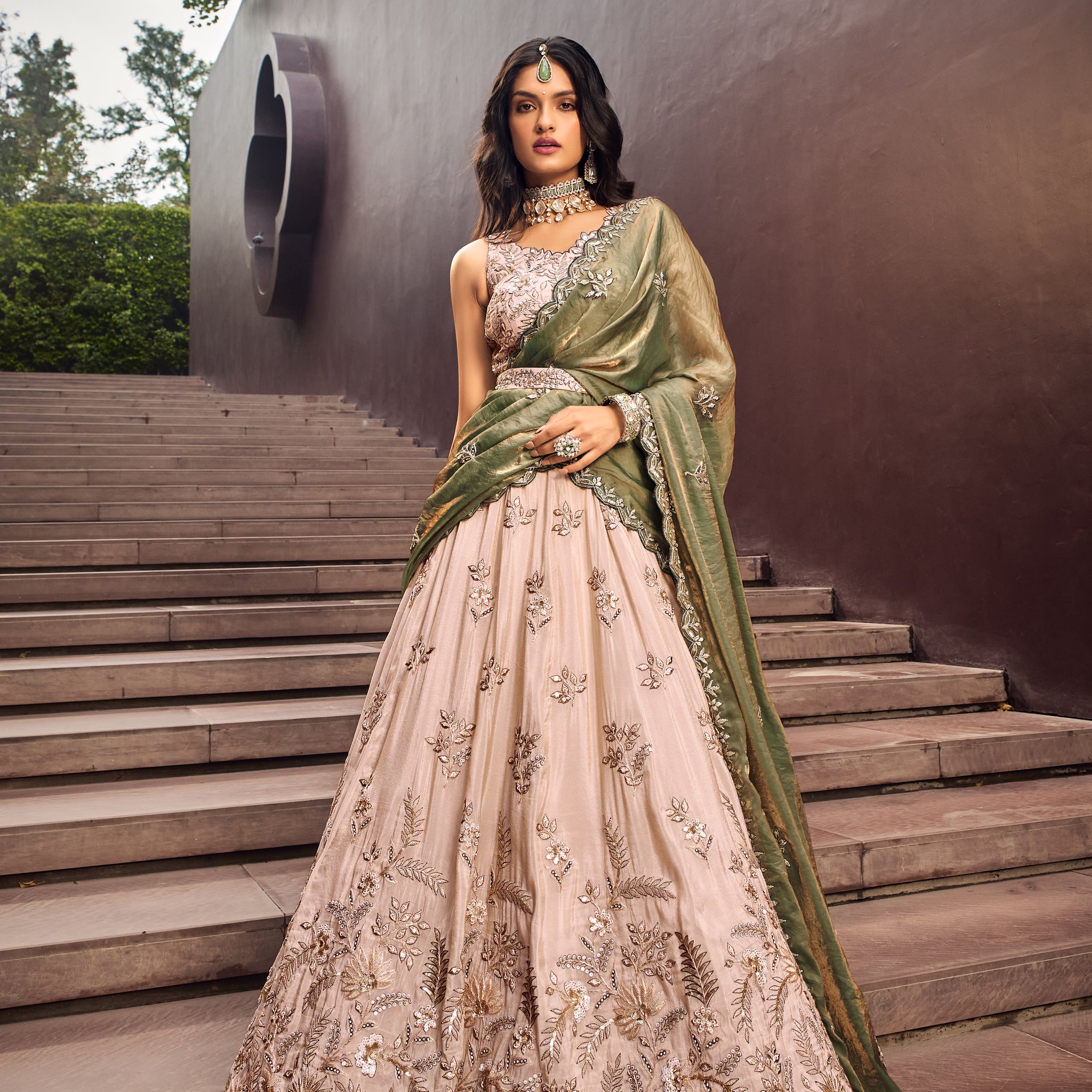 Cream and Green Viscose Embroidered Lehenga with Sequins Work