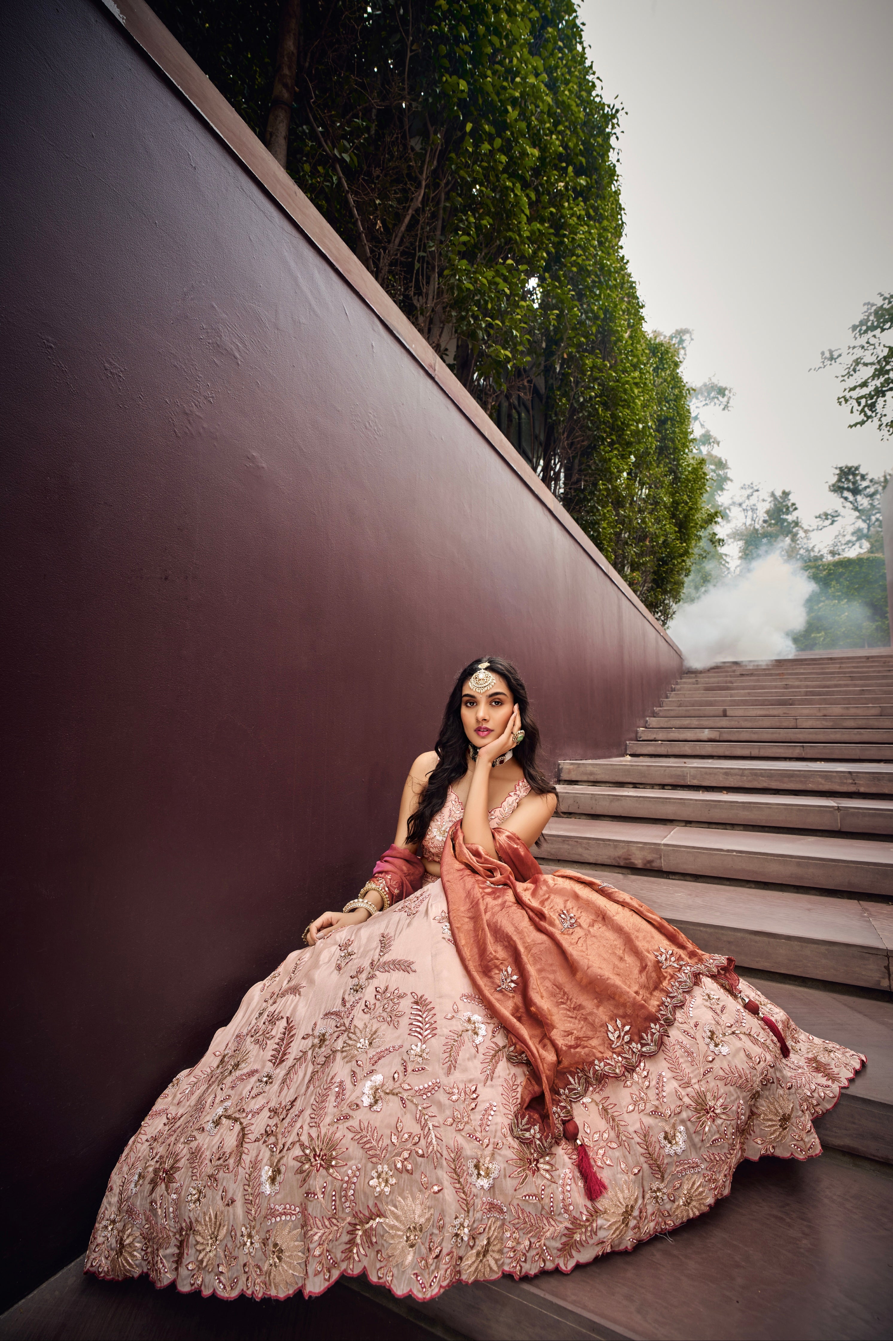 Cream &amp; Rose Gold Embroidered Bridal Lehenga with Viscose Dupatta