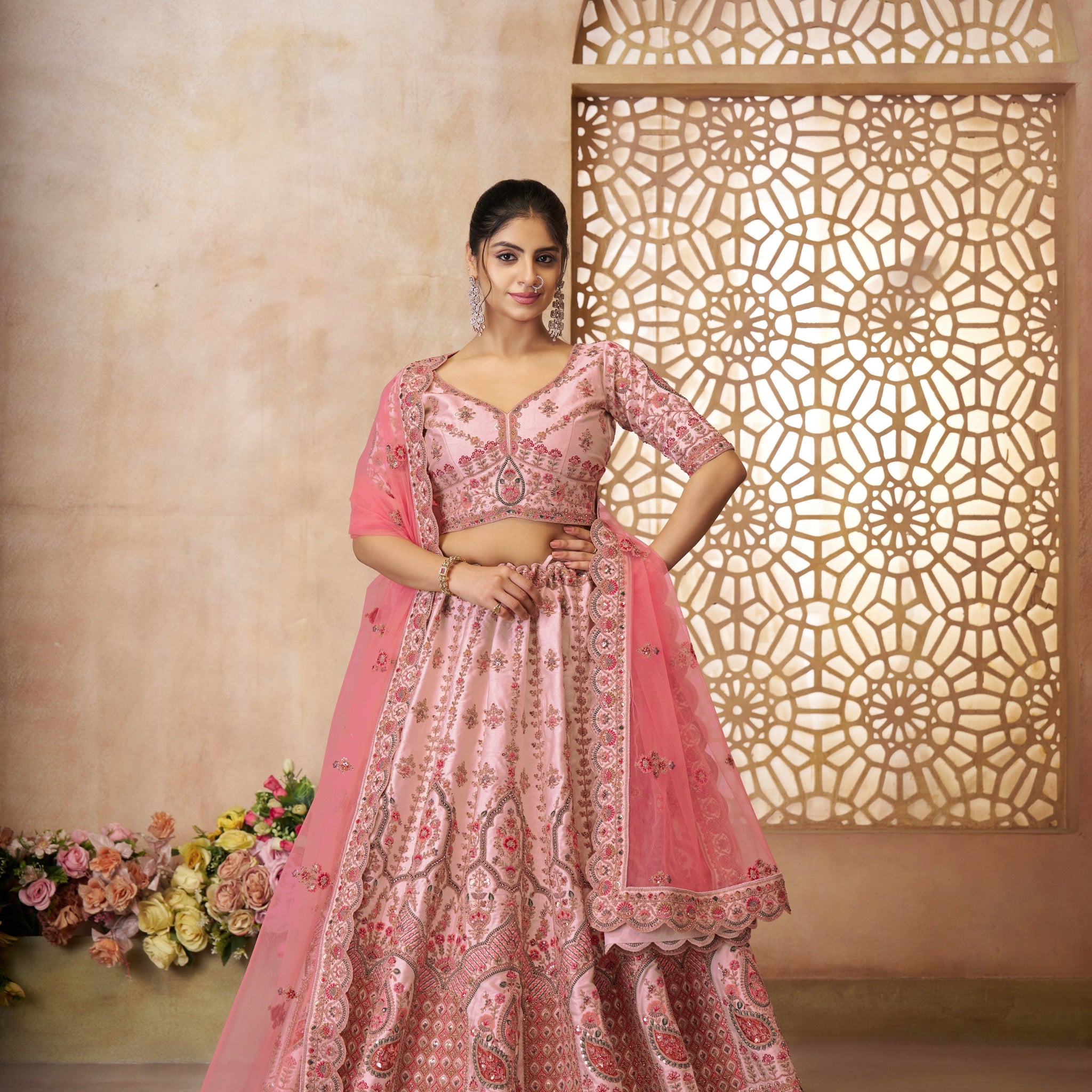 Pink silk bridal lehenga with embroidery and dupatta