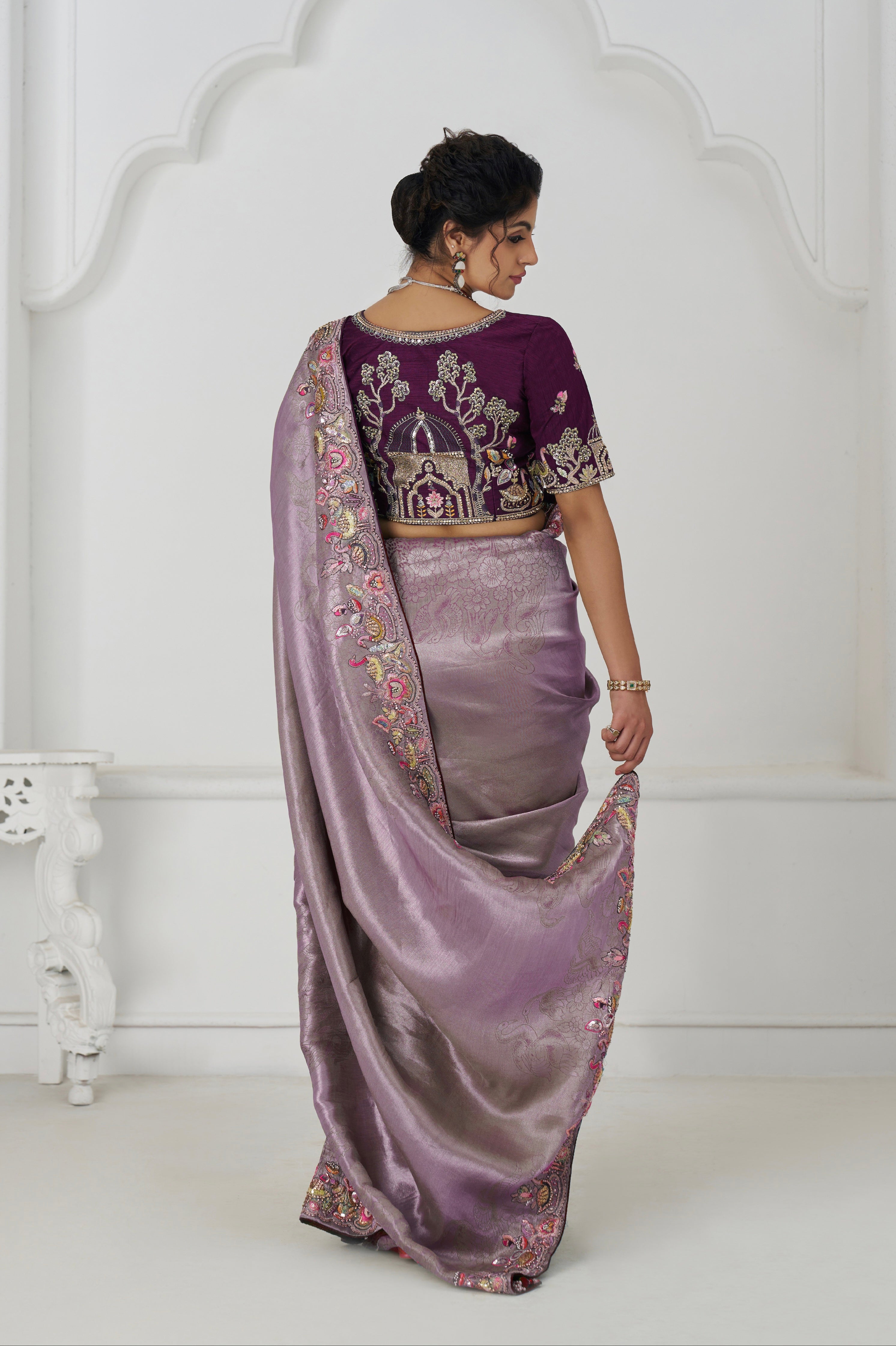 Mauve Dola Silk Saree for Wedding with Beads & Sequin Work
