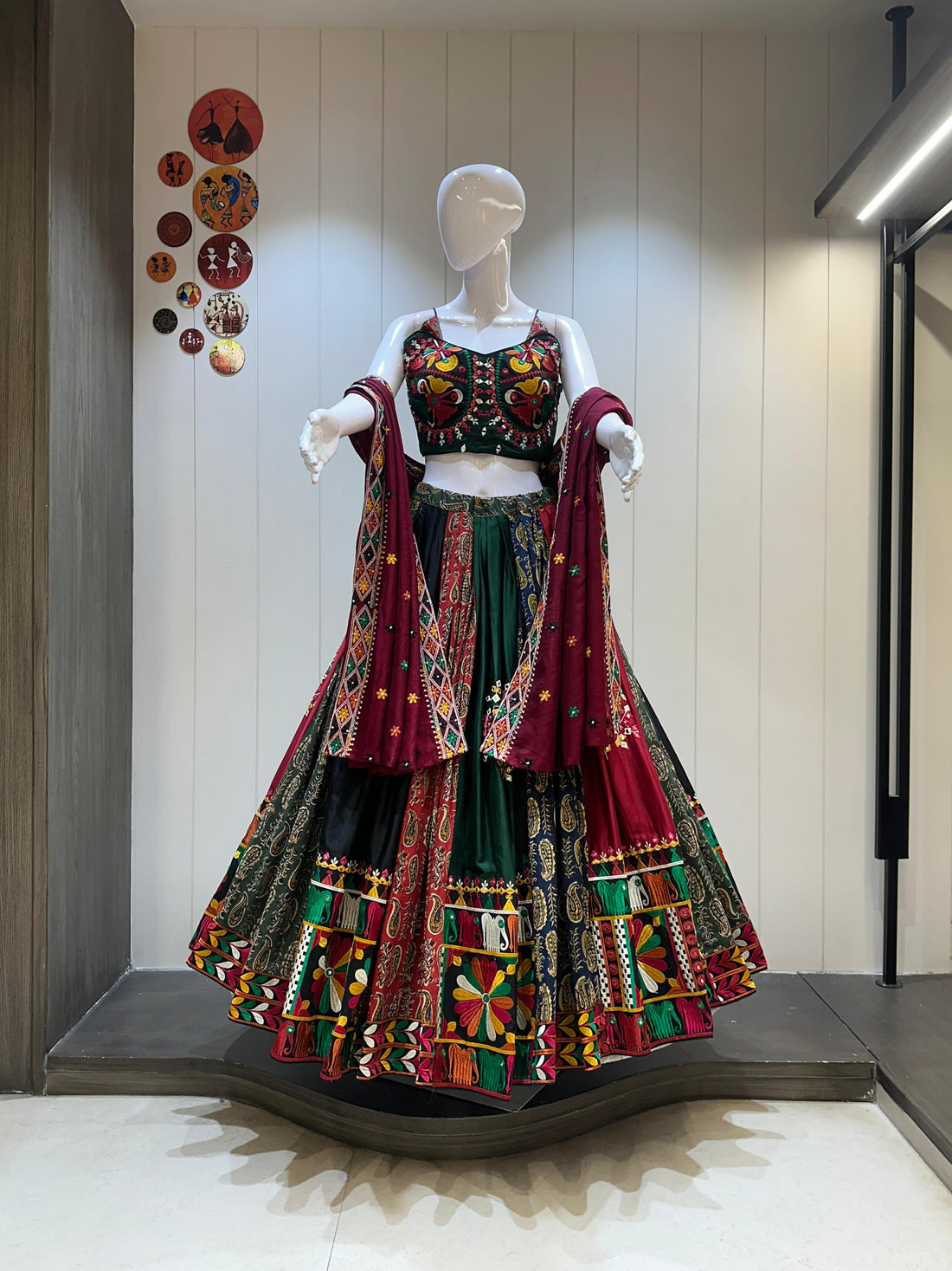 Black dupatta Gamthi work chaniya choli in jaam cotton and ajrakh cotton with 6-7 meter flare