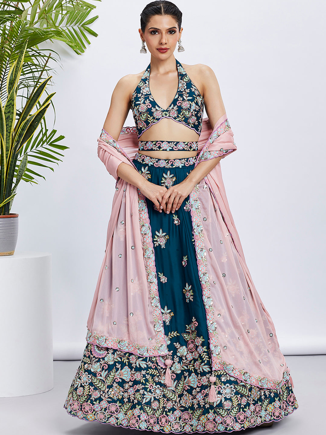 Teal Georgette Sequins and Thread Embroidery Lehenga Choli &amp; Dupatta
