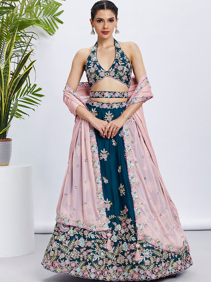 Teal Georgette Sequins and Thread Embroidery Lehenga Choli &amp; Dupatta