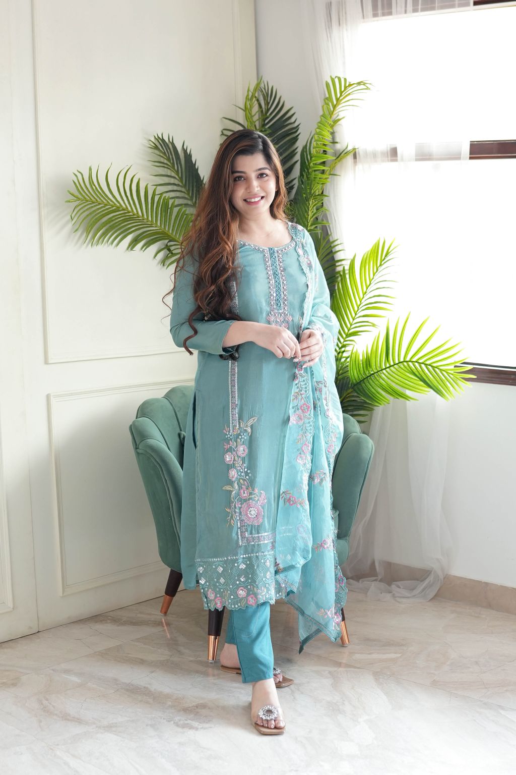 Sea Green Pure Chinon Kurti Set with Taby Organza Dupatta