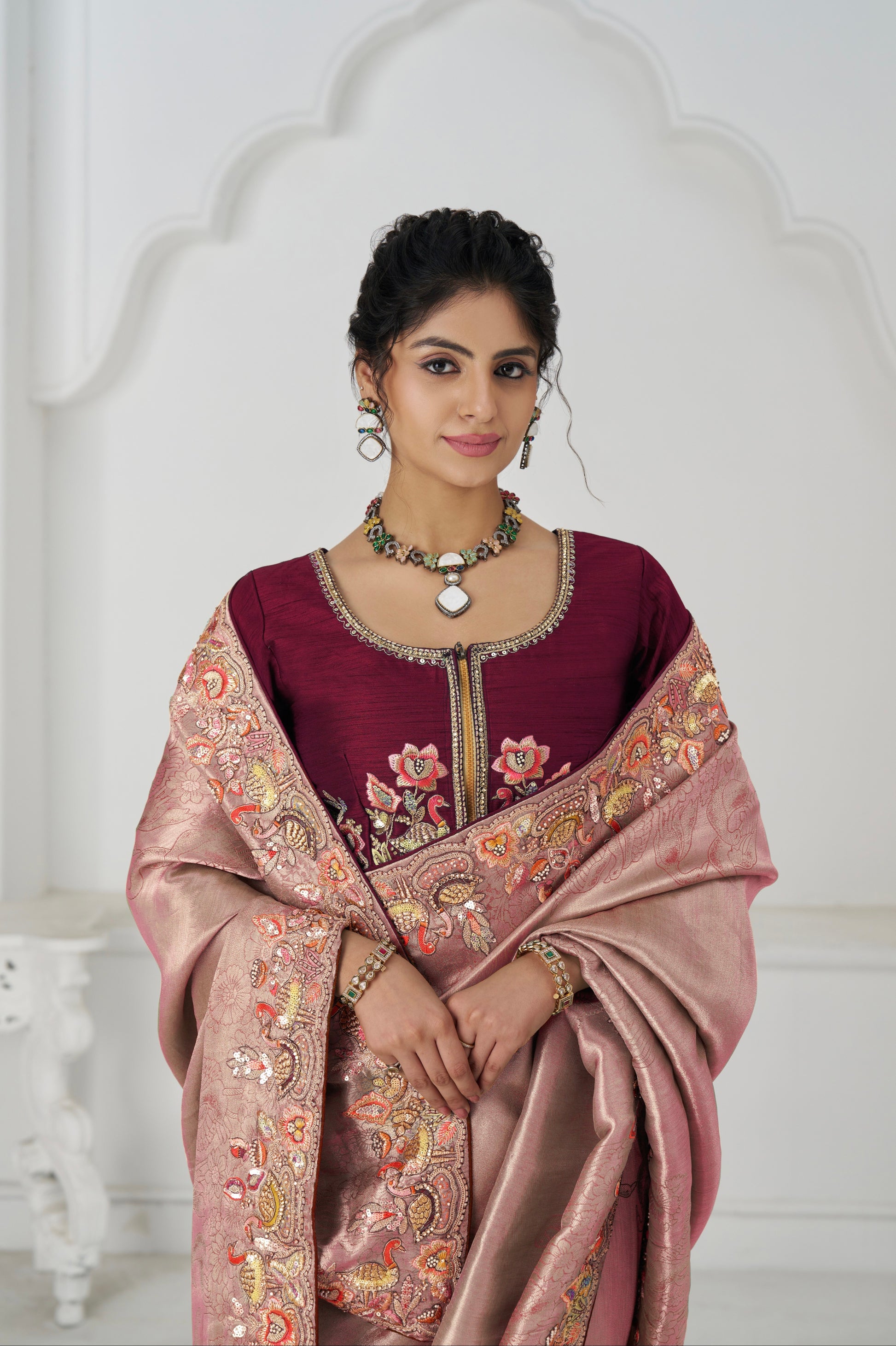 Designer pink saree with unstitched blouse