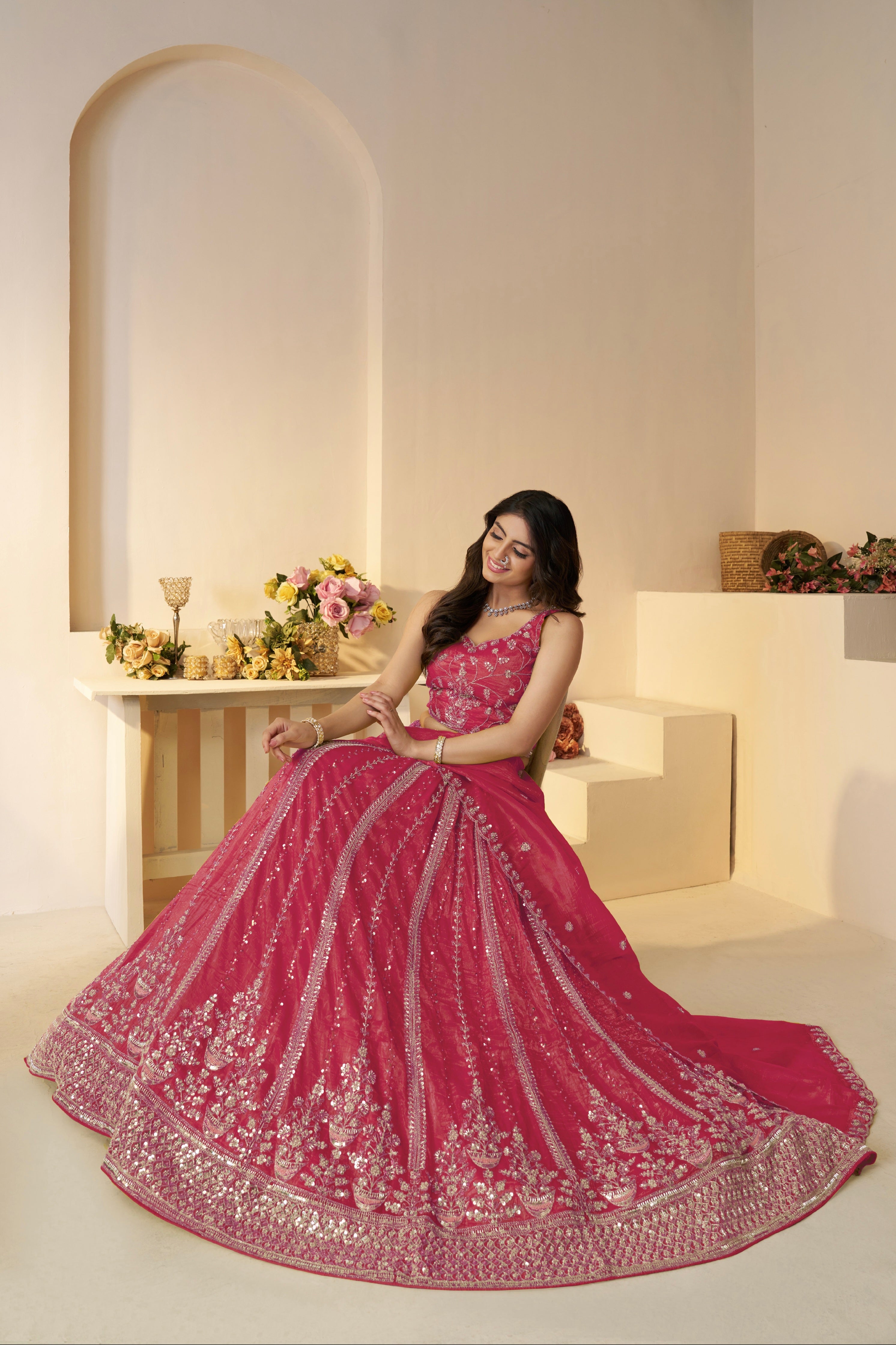 Soft net dupatta with scalloped embroidered border – pink bridal lehenga


