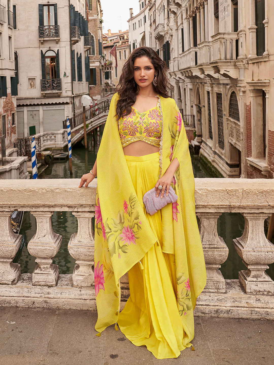 Yellow Chinon Silk Floral Palazzo Set with Designer Shrug