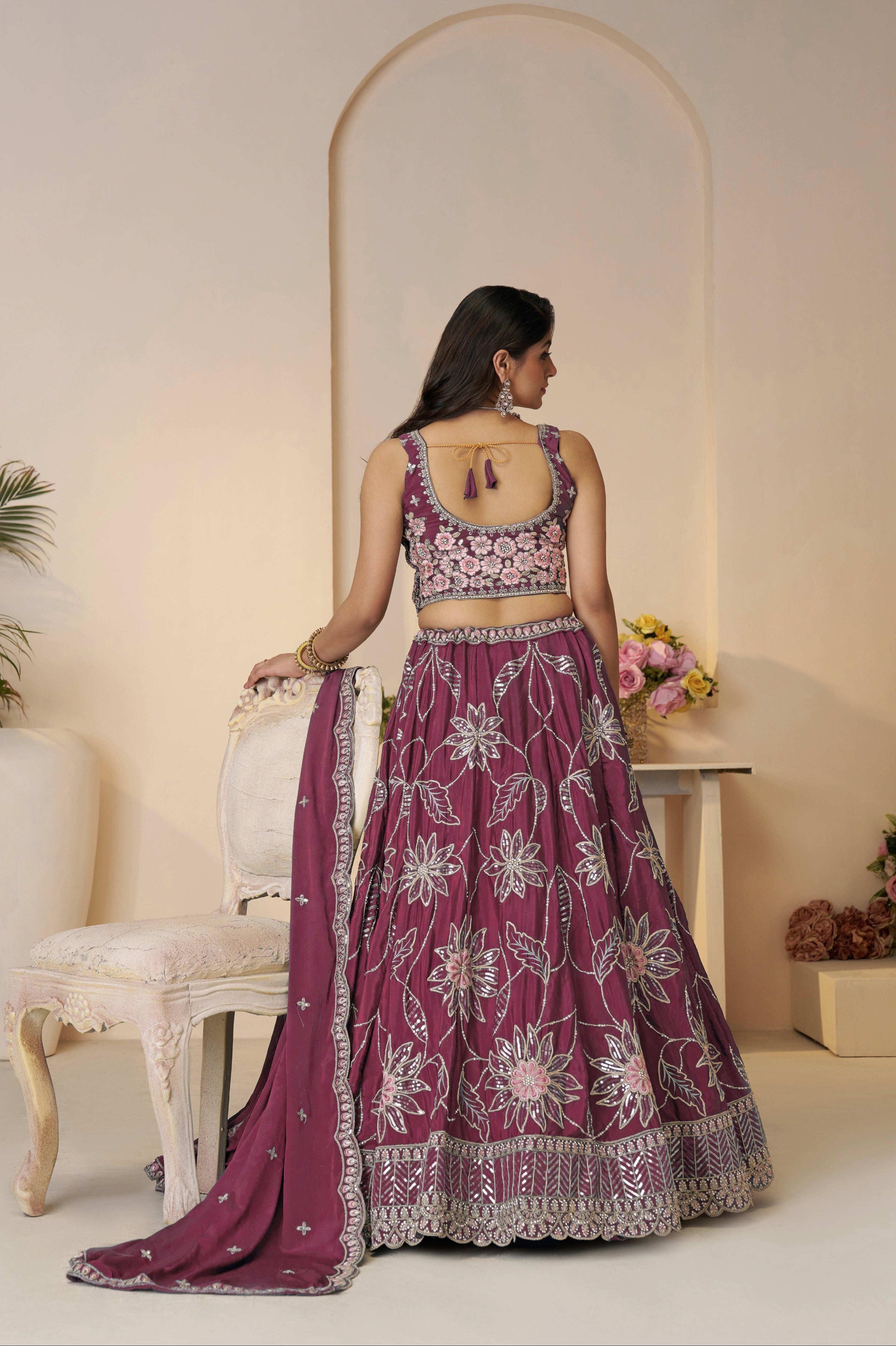 Floral Work Maroon Lehenga for Sangeet

