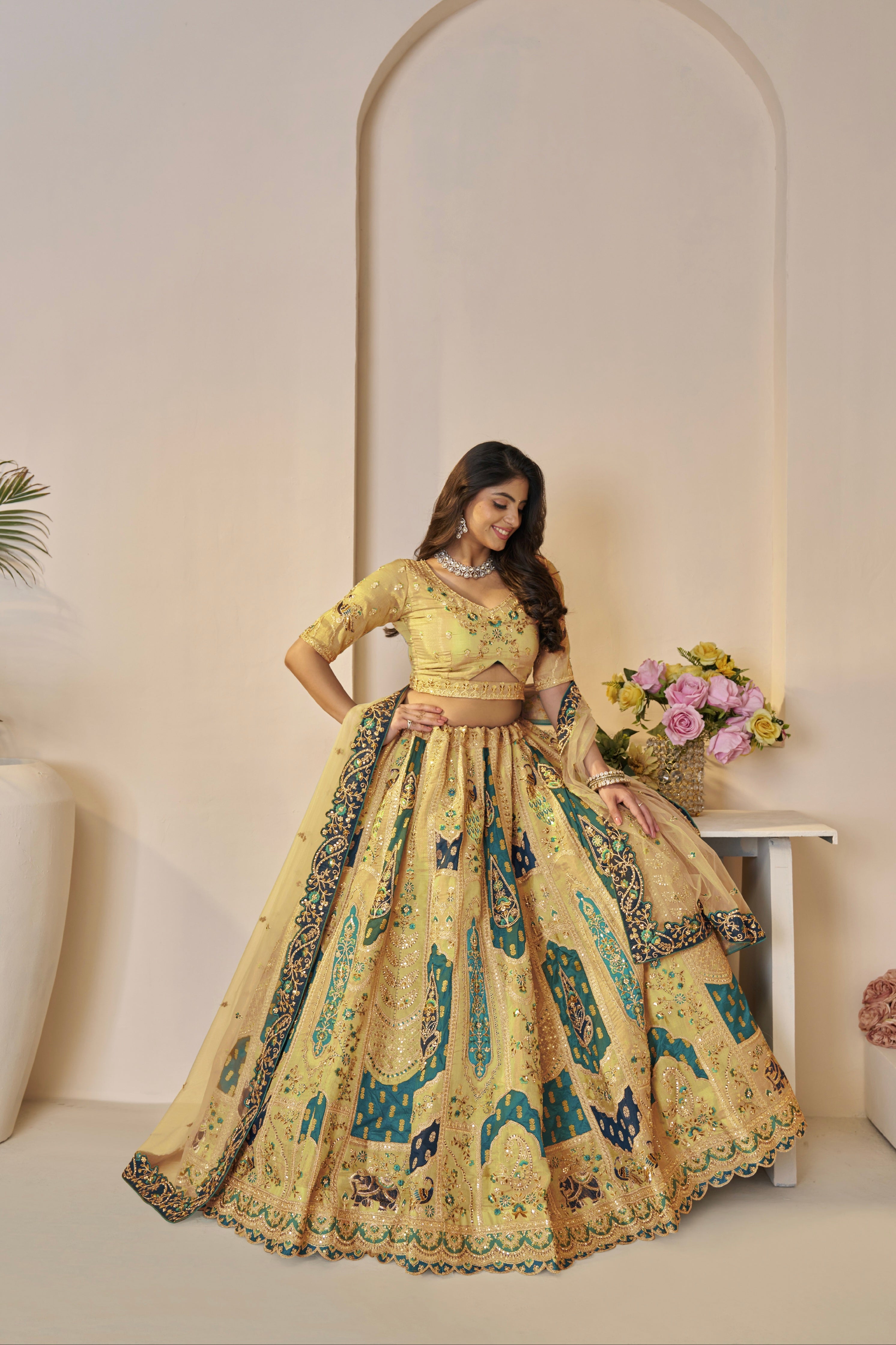 Yellow Banarasi Silk Lehenga with Dupatta