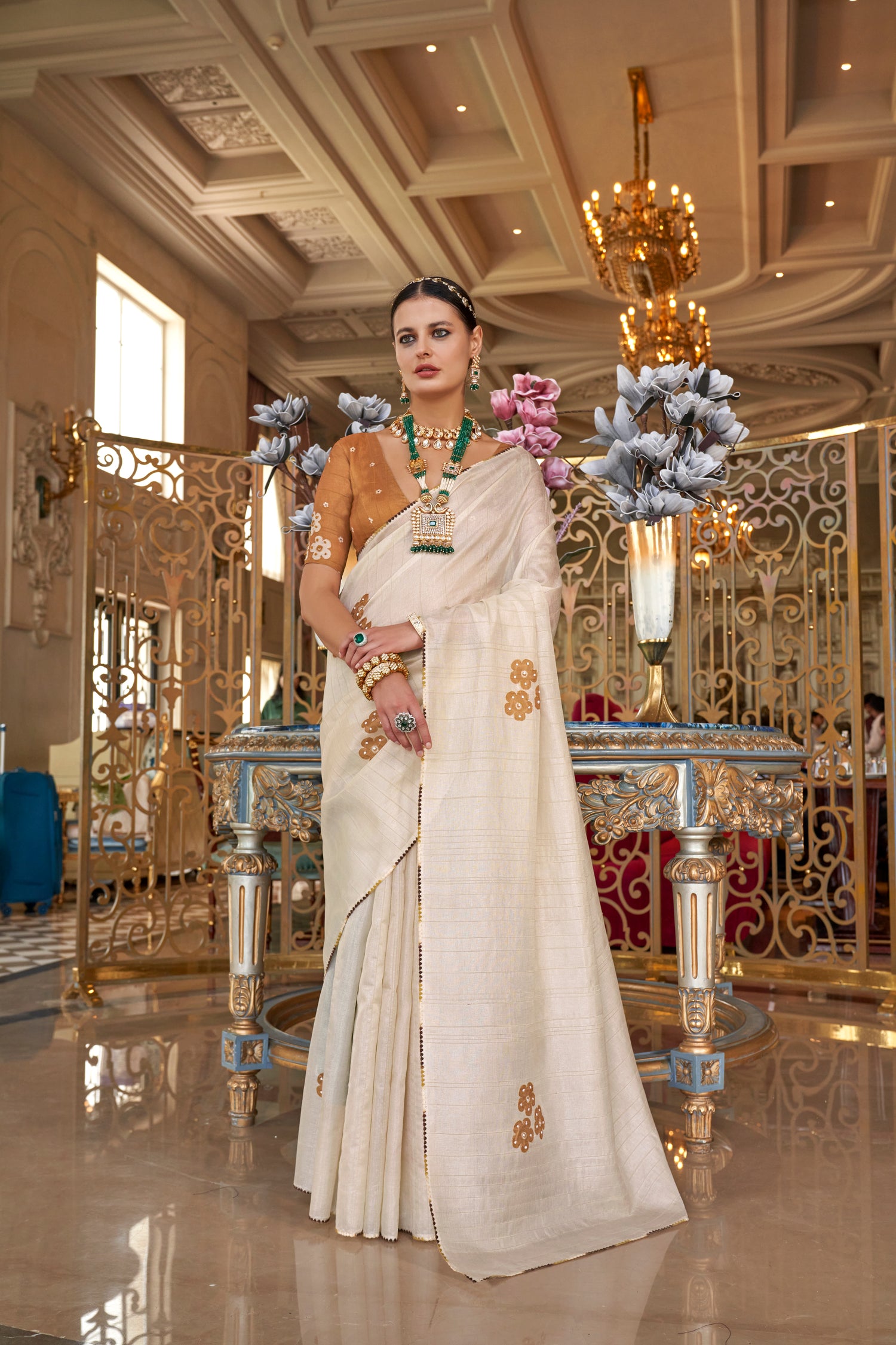 Ivory &amp; Gold Tussar Silk Saree with Hand-Touched Work