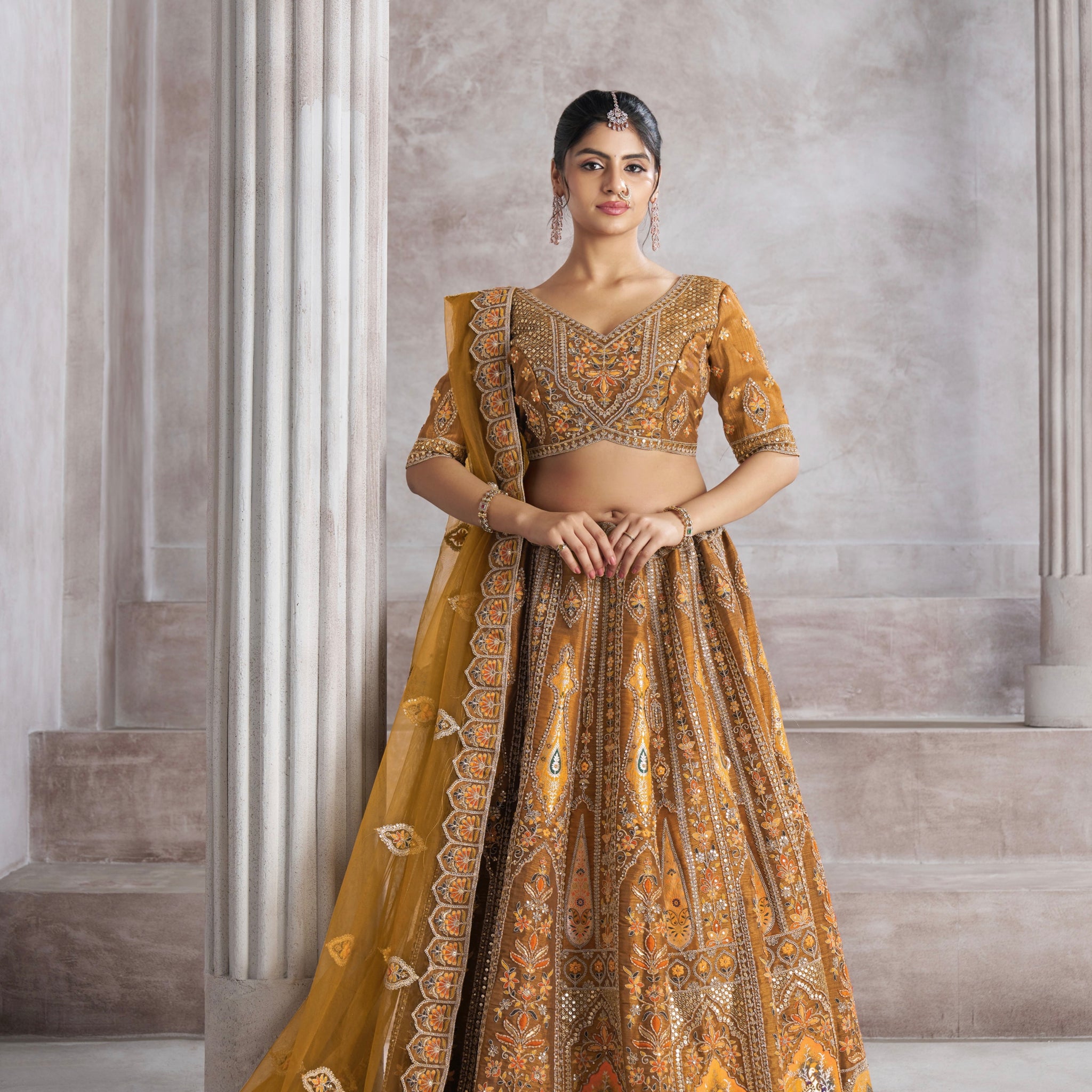 Mustard Banarasi Silk Lehenga with Aari Embroidery