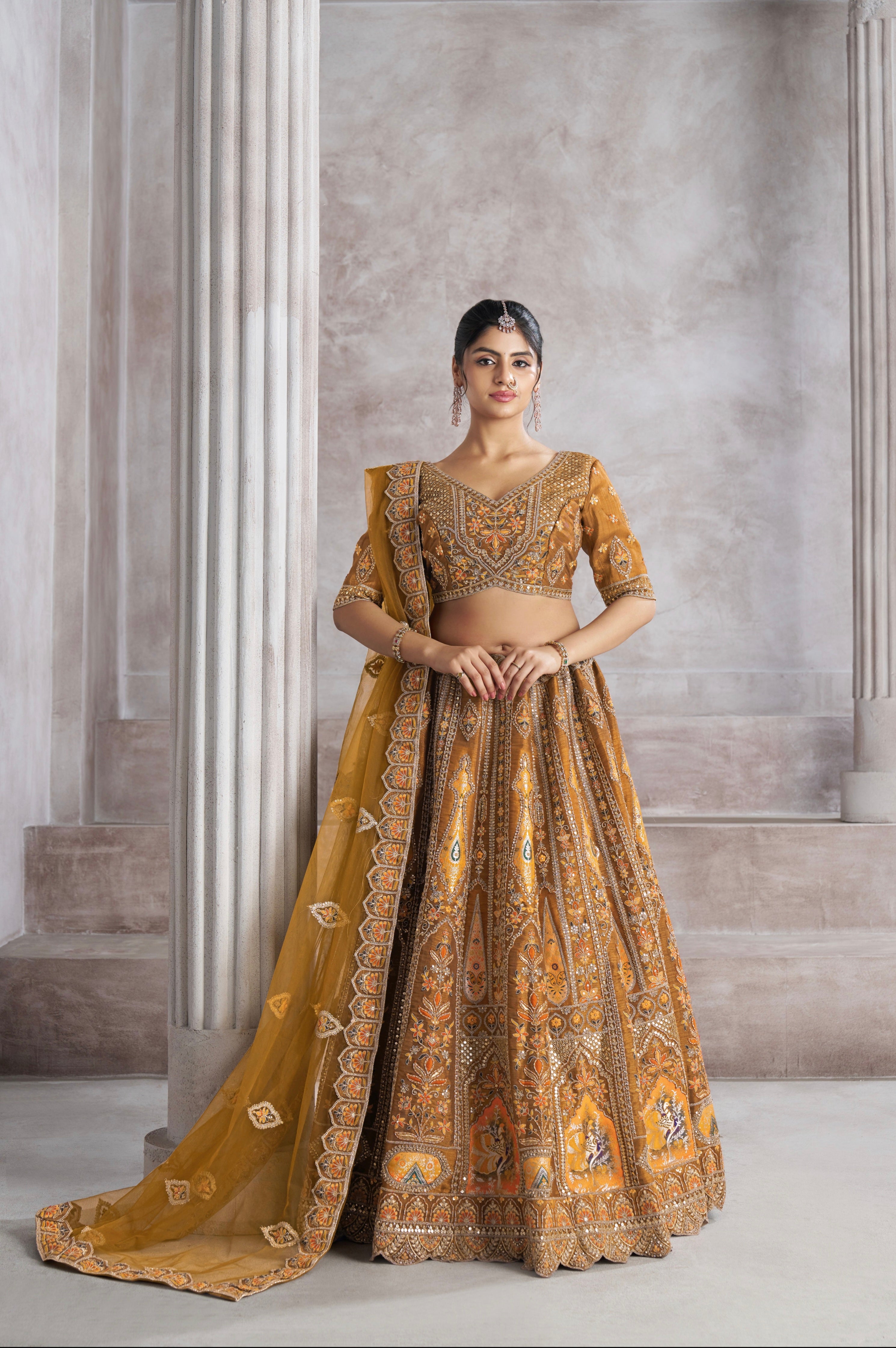 Mustard Banarasi Silk Lehenga with Aari Embroidery