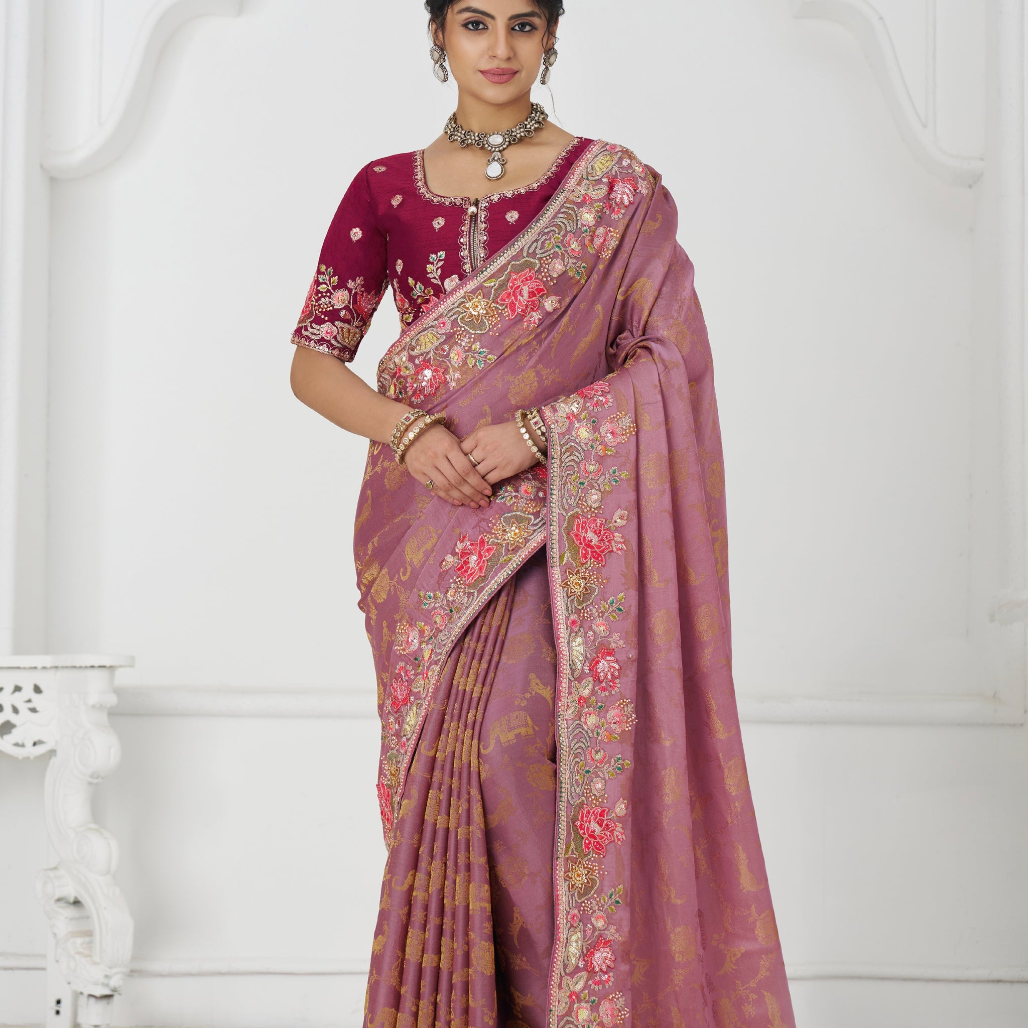 Pink Dola silk saree with floral embroidery