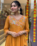 Mustard Viscose Anarkali Kurti Set with Embroidered Dupatta