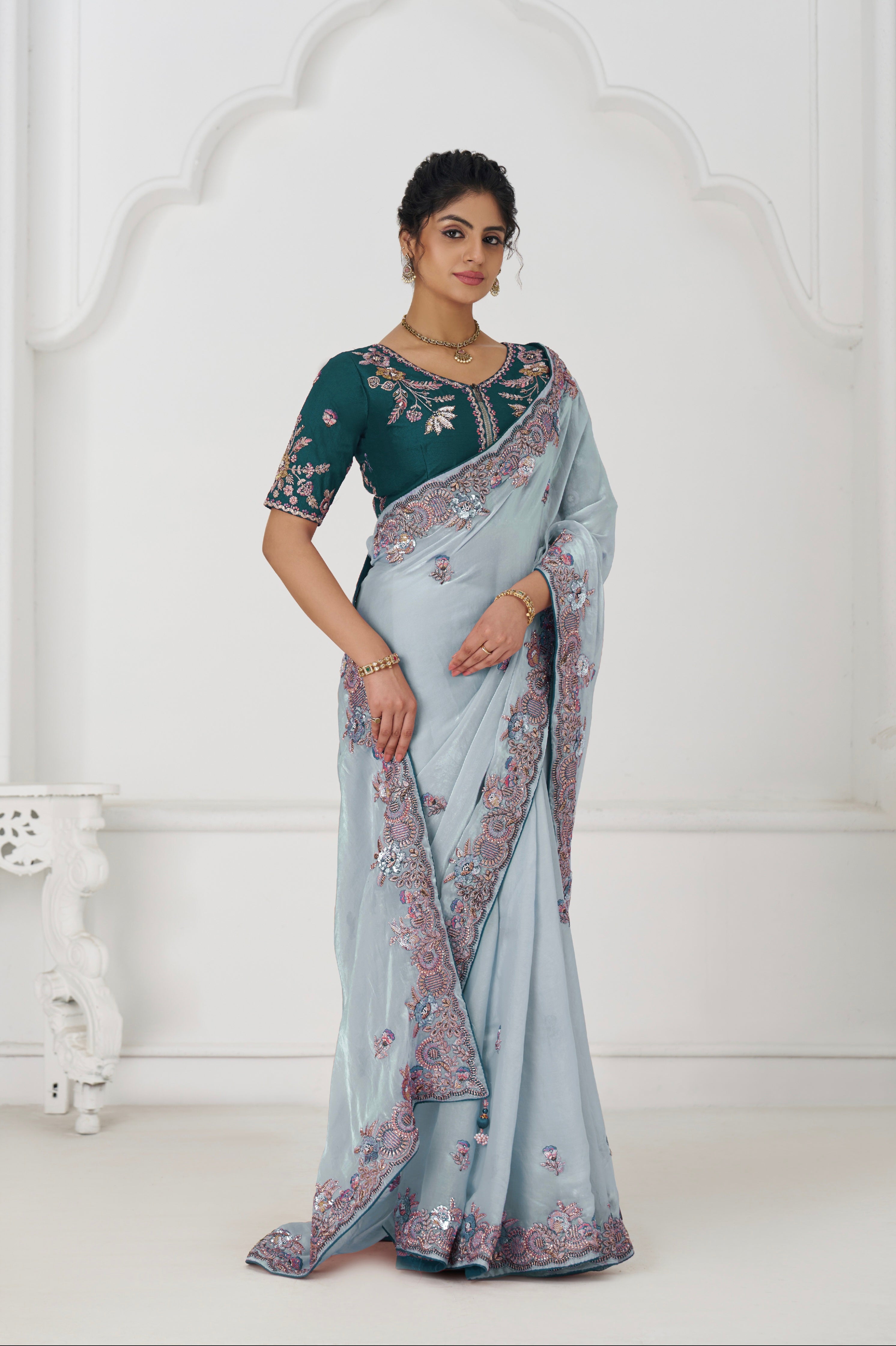 Grey Fendi silk saree with zari embroidery