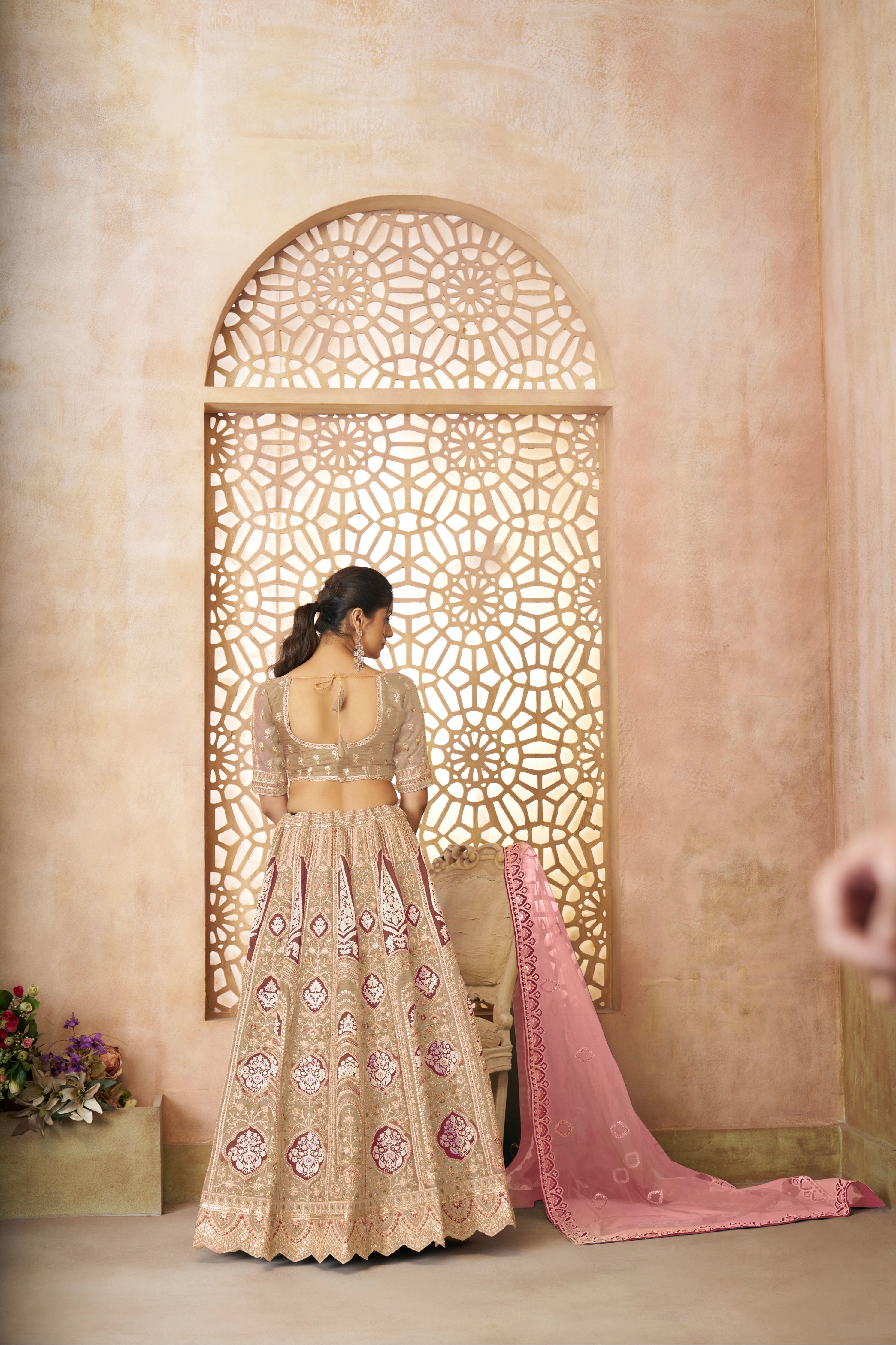 Chiku Banarasi Silk Lehenga with Aari Work &amp; Net Dupatta