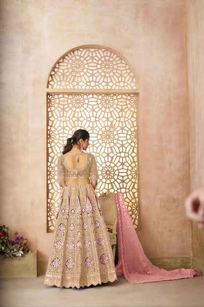 Chiku Banarasi Silk Lehenga with Aari Work &amp; Net Dupatta