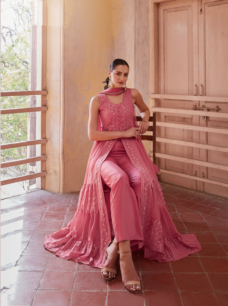 Gajri Anarkali Gown In Georgette With Thread & Zari Embroidery