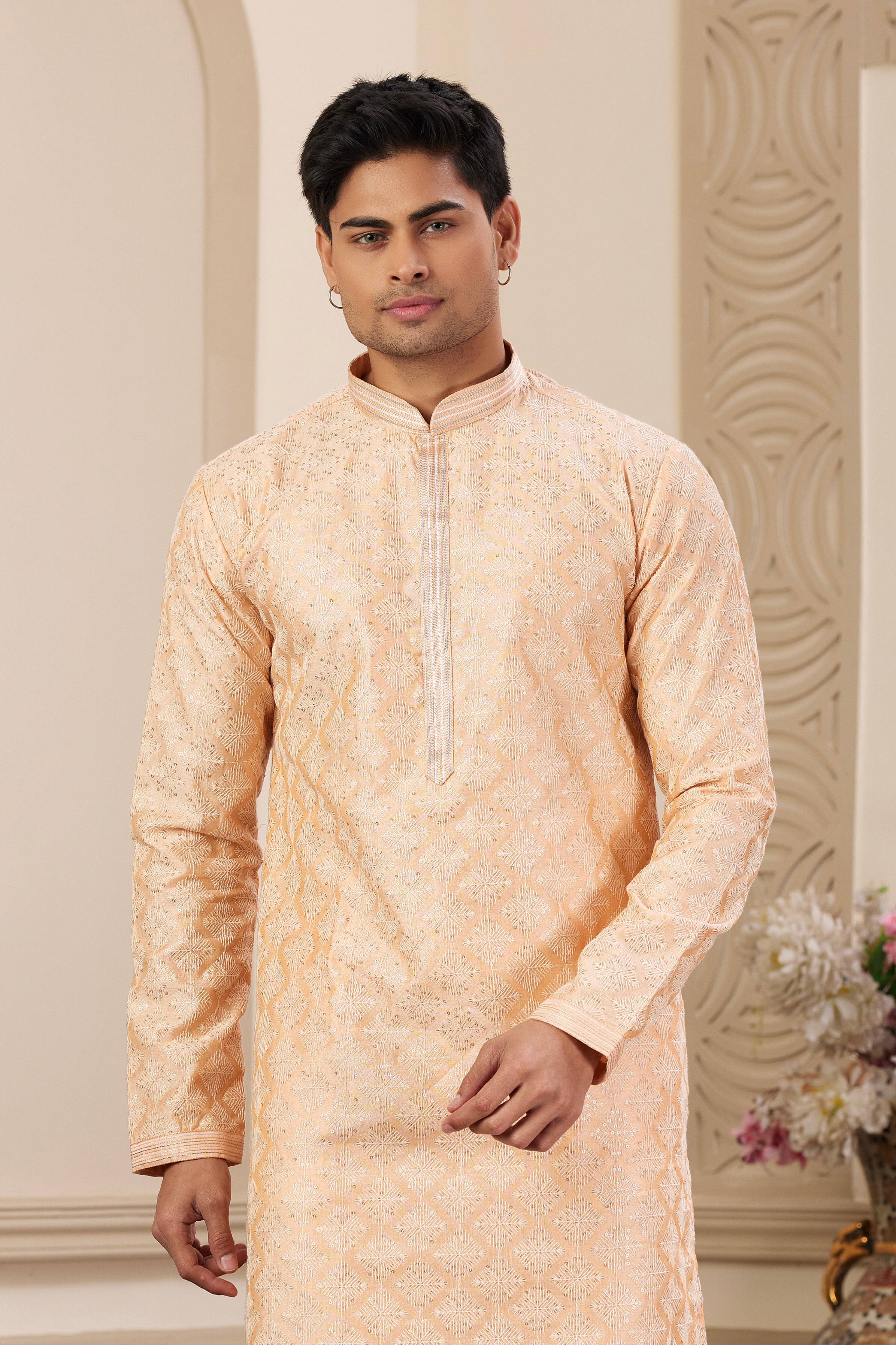 Embroidered peach kurta pajama