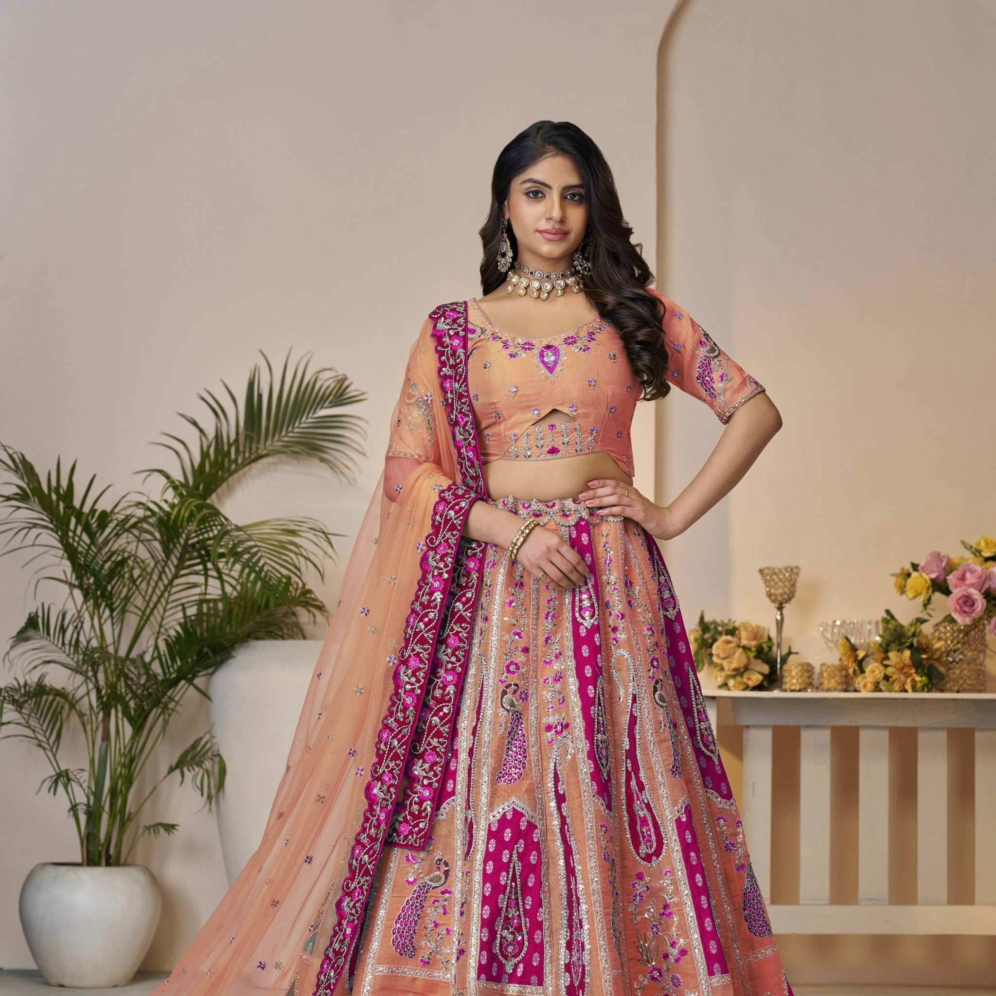 Orange Banarasi silk bridal lehenga with dupatta