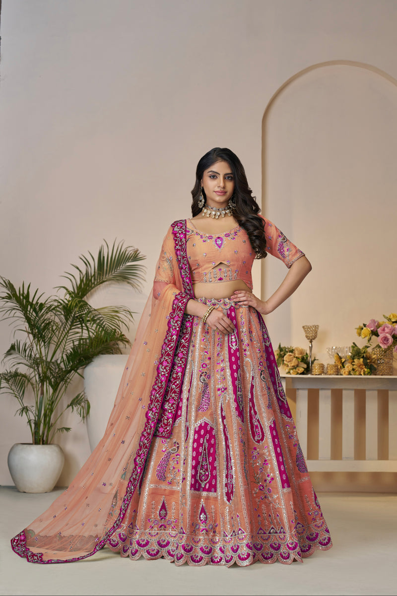 Orange Banarasi silk bridal lehenga with dupatta
