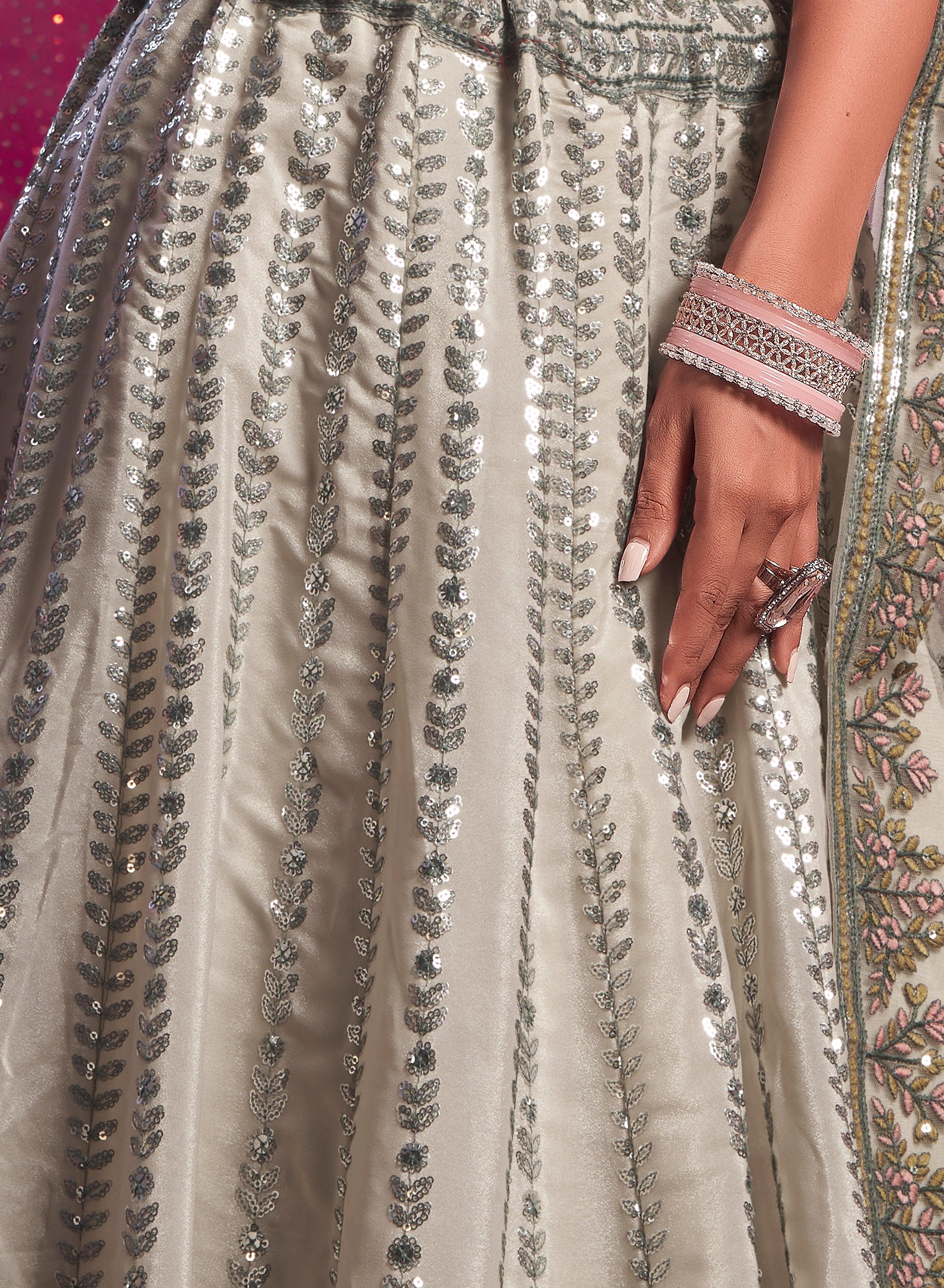 Off-White Lehenga in Vanilla Shine Silk & Sequins & Thread Embroidery