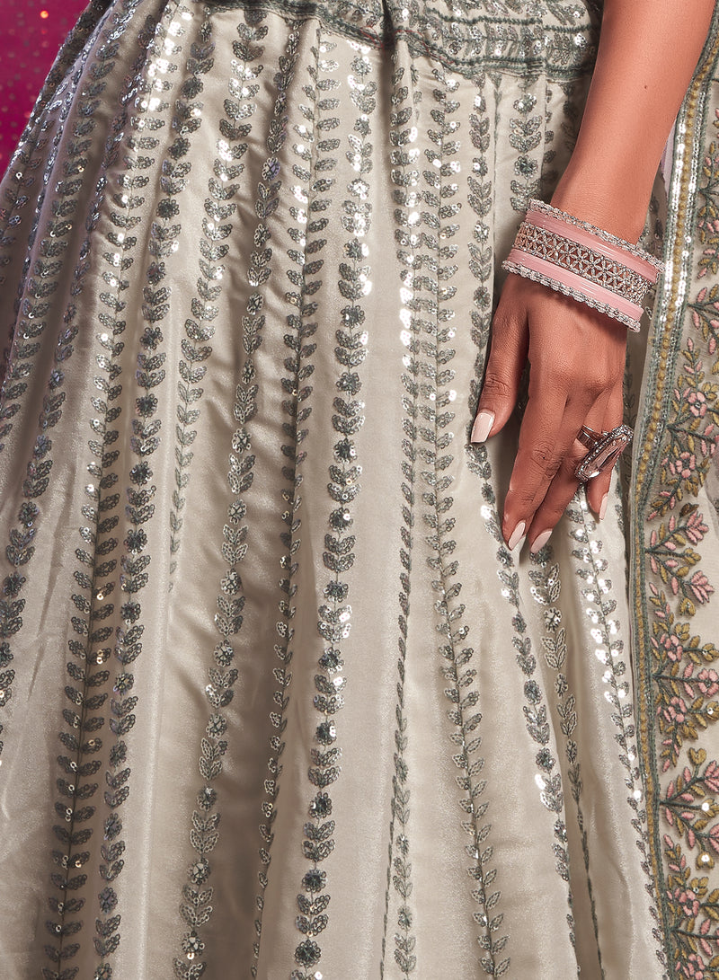 Off-White Lehenga in Vanilla Shine Silk & Sequins & Thread Embroidery
