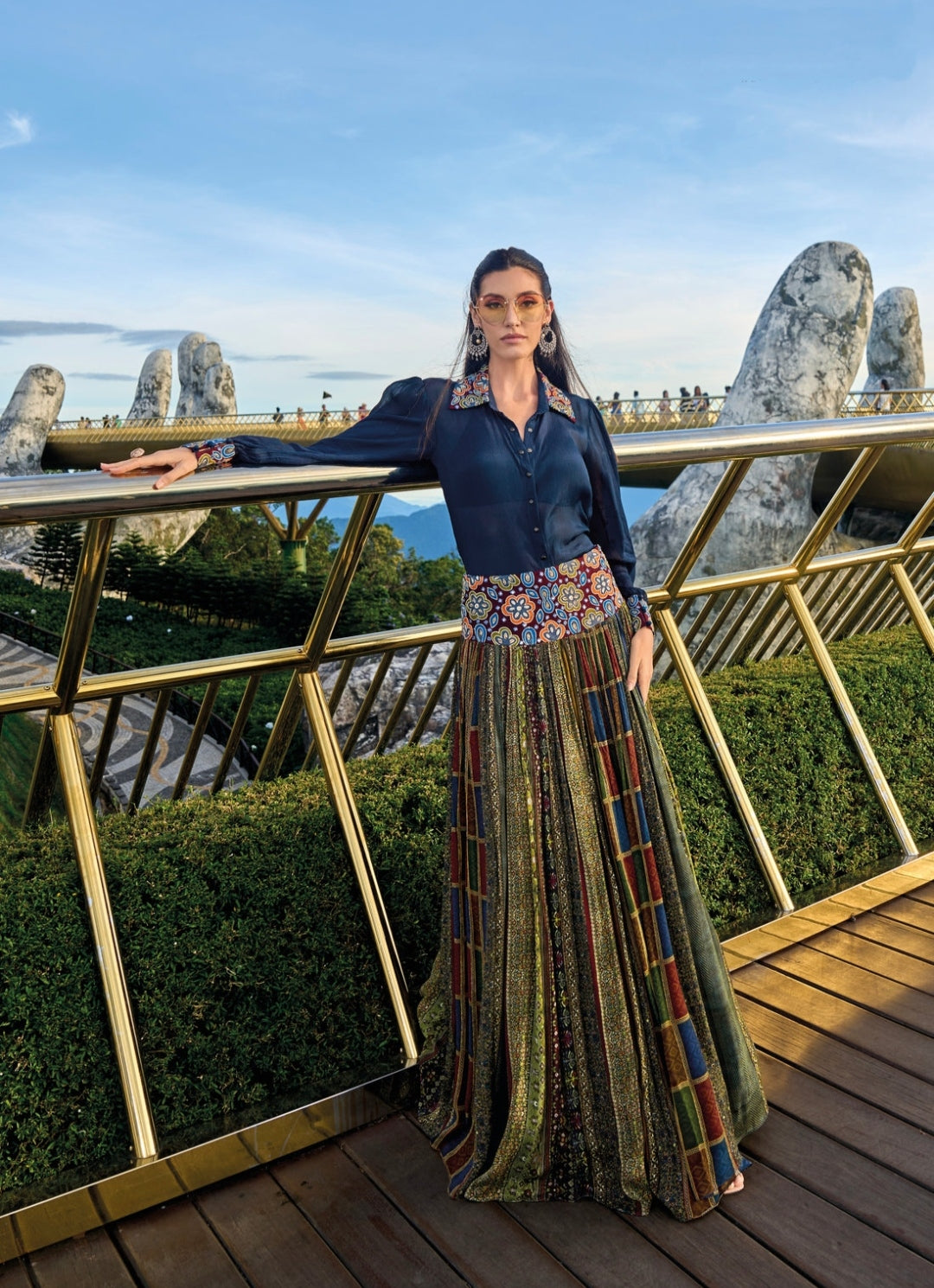 Navy Blue Chinon Embroidered Shirt &amp; Multi-Color Skirt Set