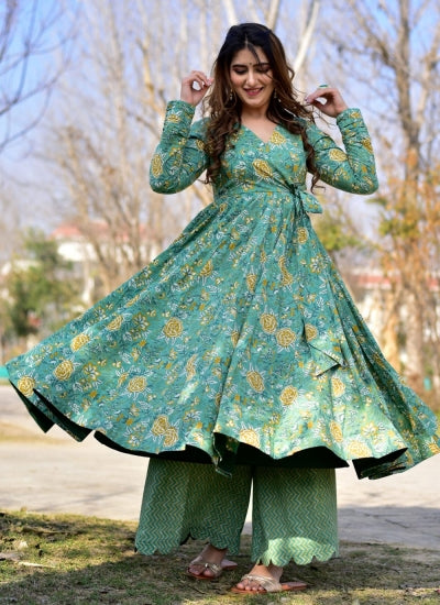 Sea Green Pure Cotton Silk Anarkali Kurti Set