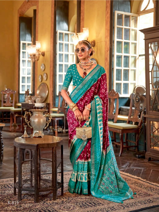 Green &amp; Maroon Designer Patola Silk Saree