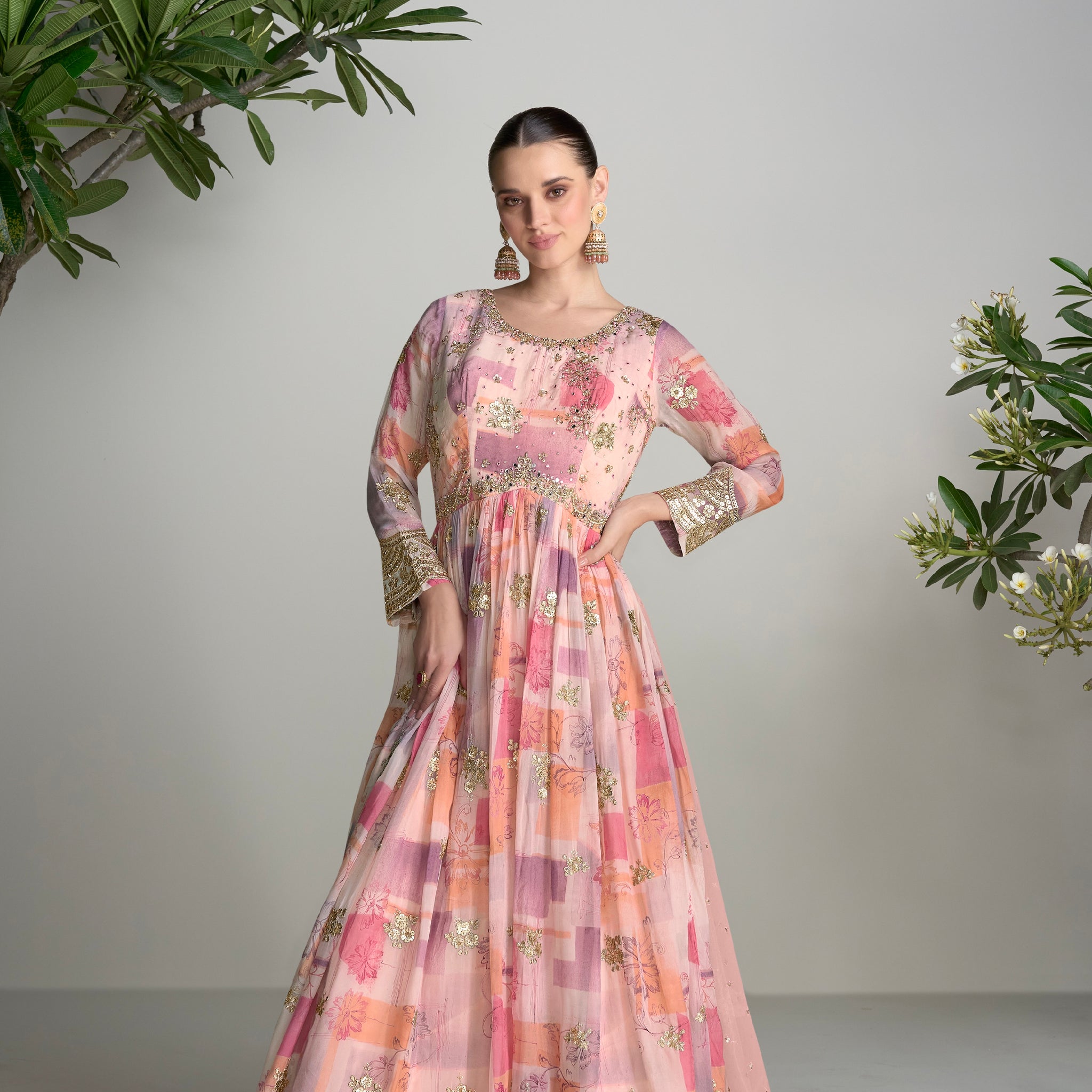 Pink Real Chinon Anarkali Suit with Embroidery and Mirror Work
