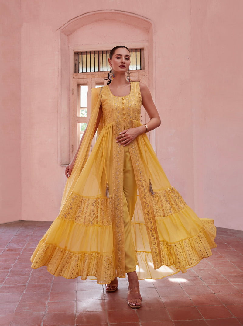 Yellow Full Flared Anarkali Gown In Georgette With Thread And Sequins Embroidery
