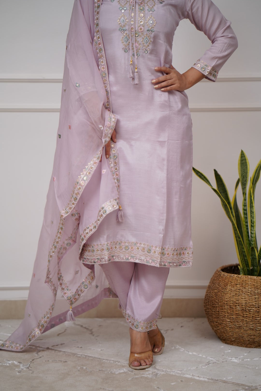 Lilac Viscose Chanderi Kurti Set with Organza Silk Dupatta