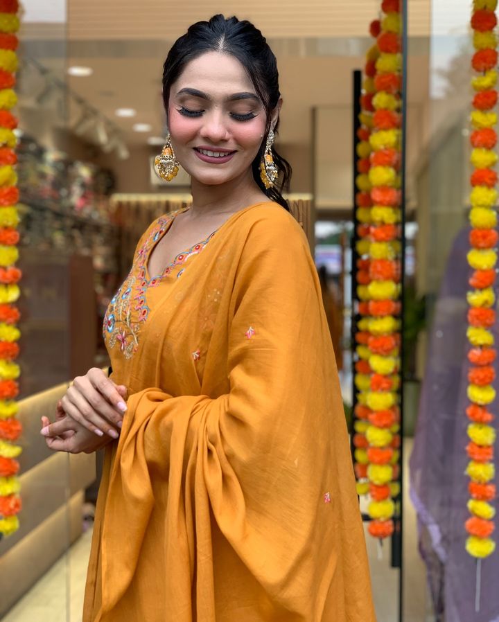Mustard Viscose Anarkali Kurti Set with Embroidered Dupatta