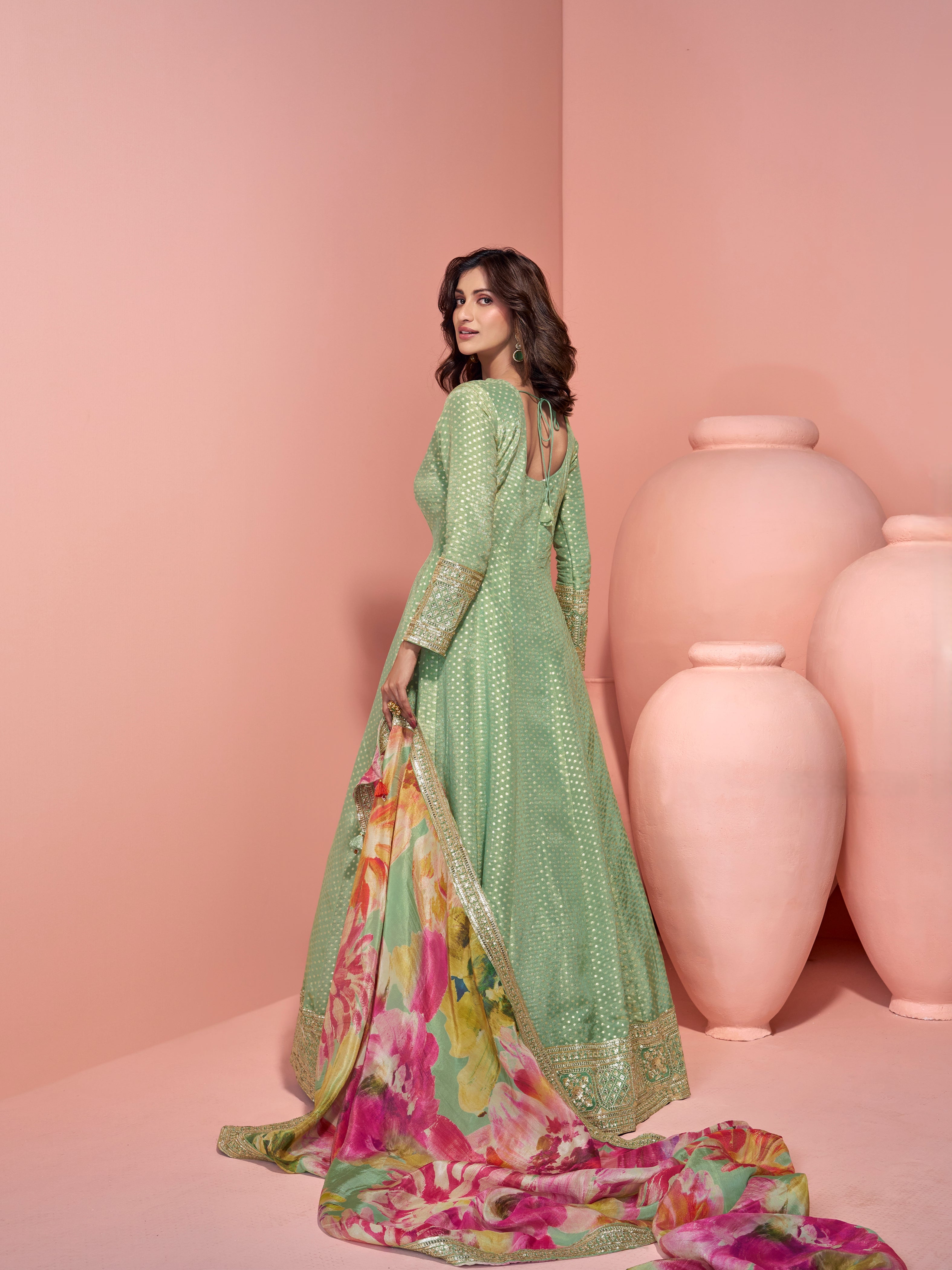 Sage Green Heavy Embroidered Anarkali Suit