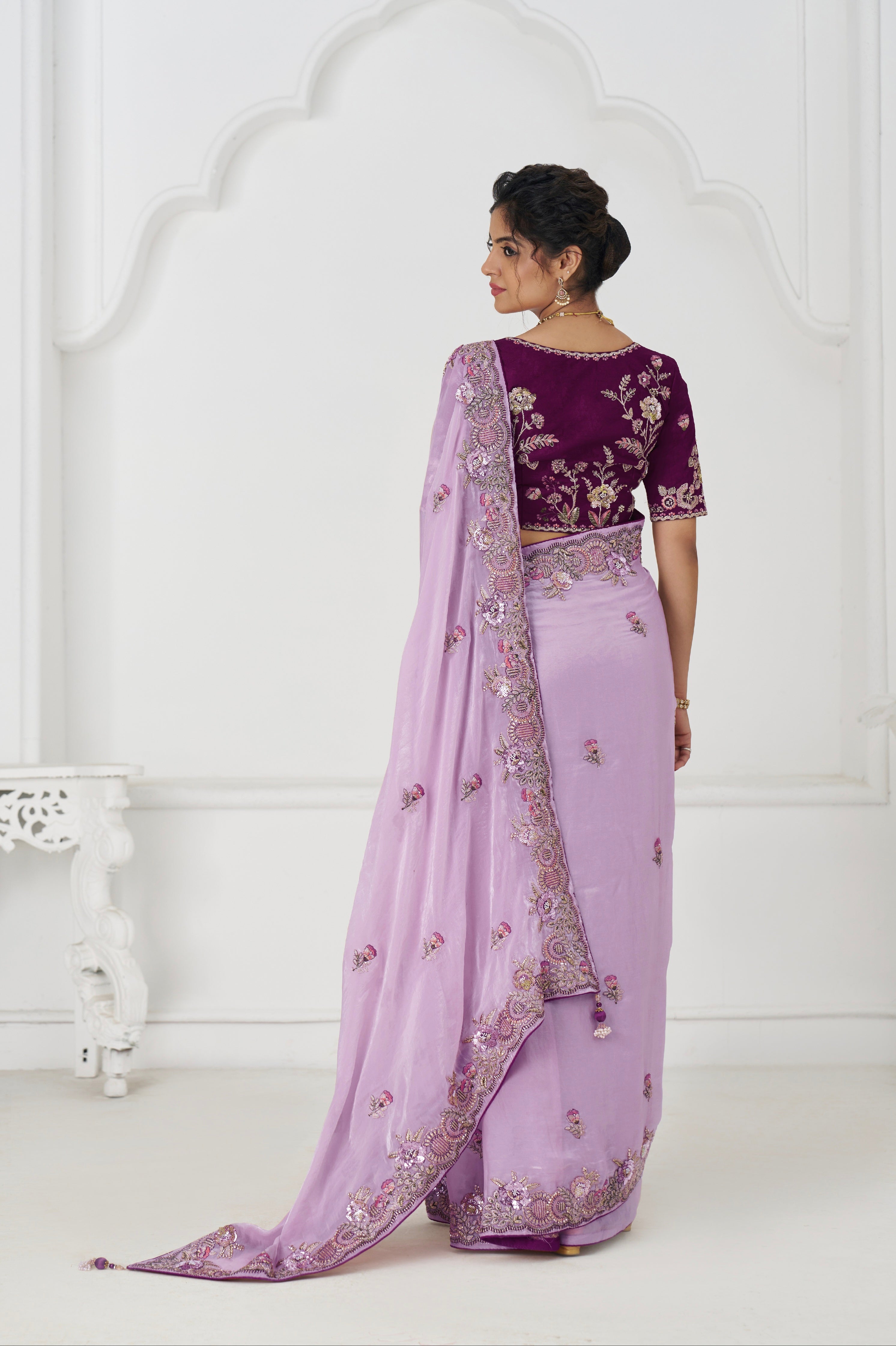 Party wear mauve silk saree with embroidery details