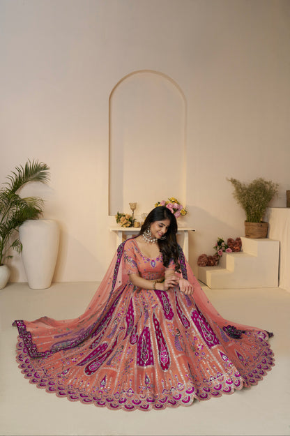 Zari woven orange lehenga with embroidered dupatta
