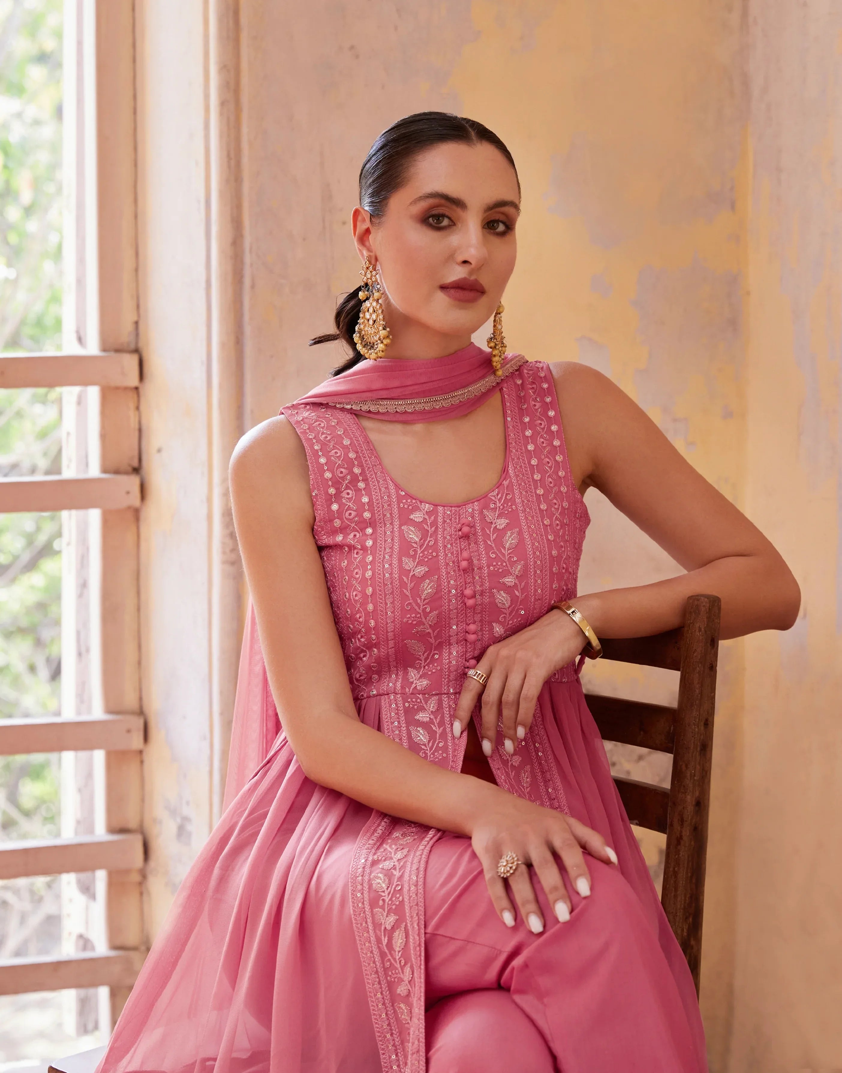 Gajri Anarkali Gown In Georgette With Thread &amp; Zari Embroidery
